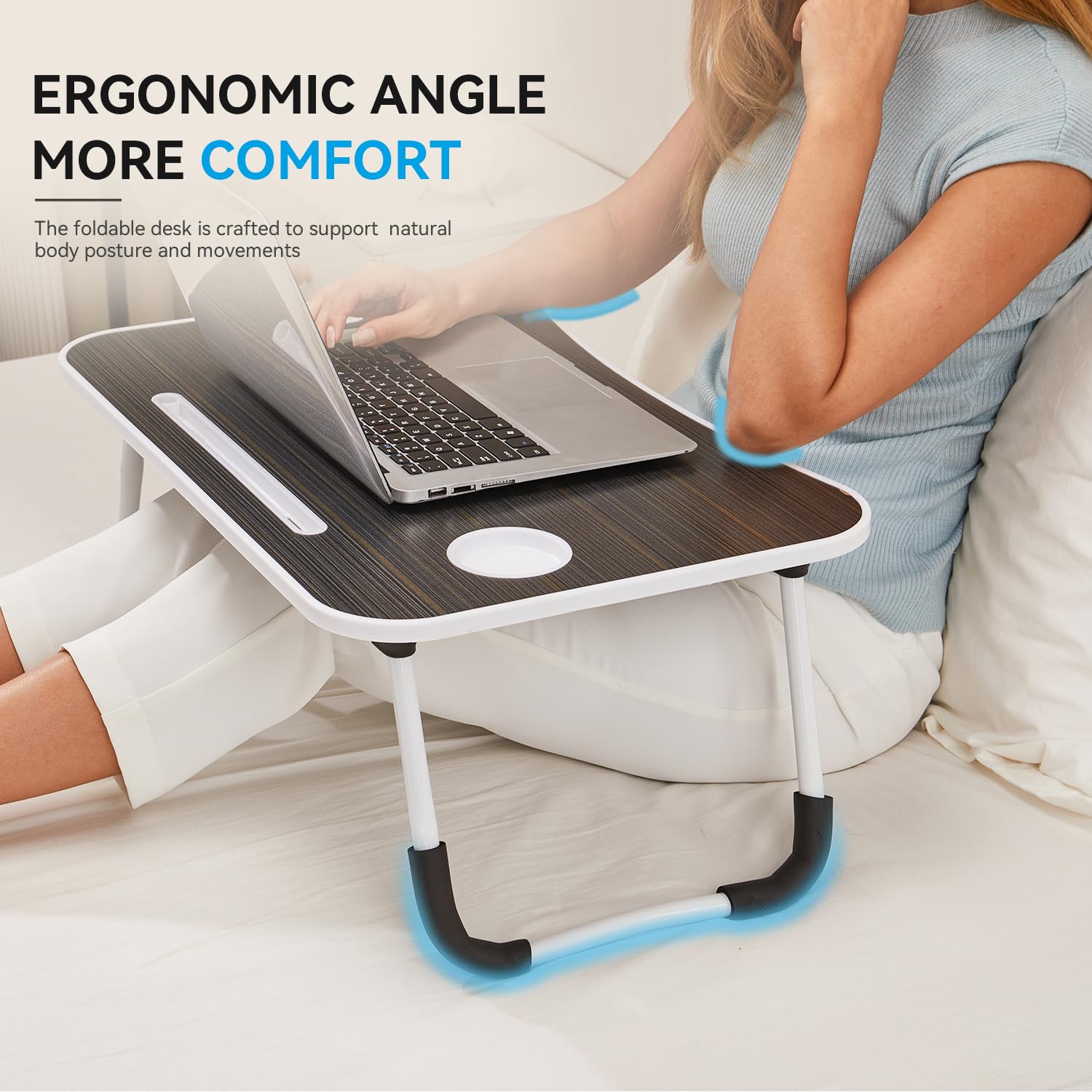 Folding Lap Desk 23 Inch - Portable Wood Laptop Tray with Cup Holder for Work, Study, Eating & Watching Movies in Bed, Sofa or Floor