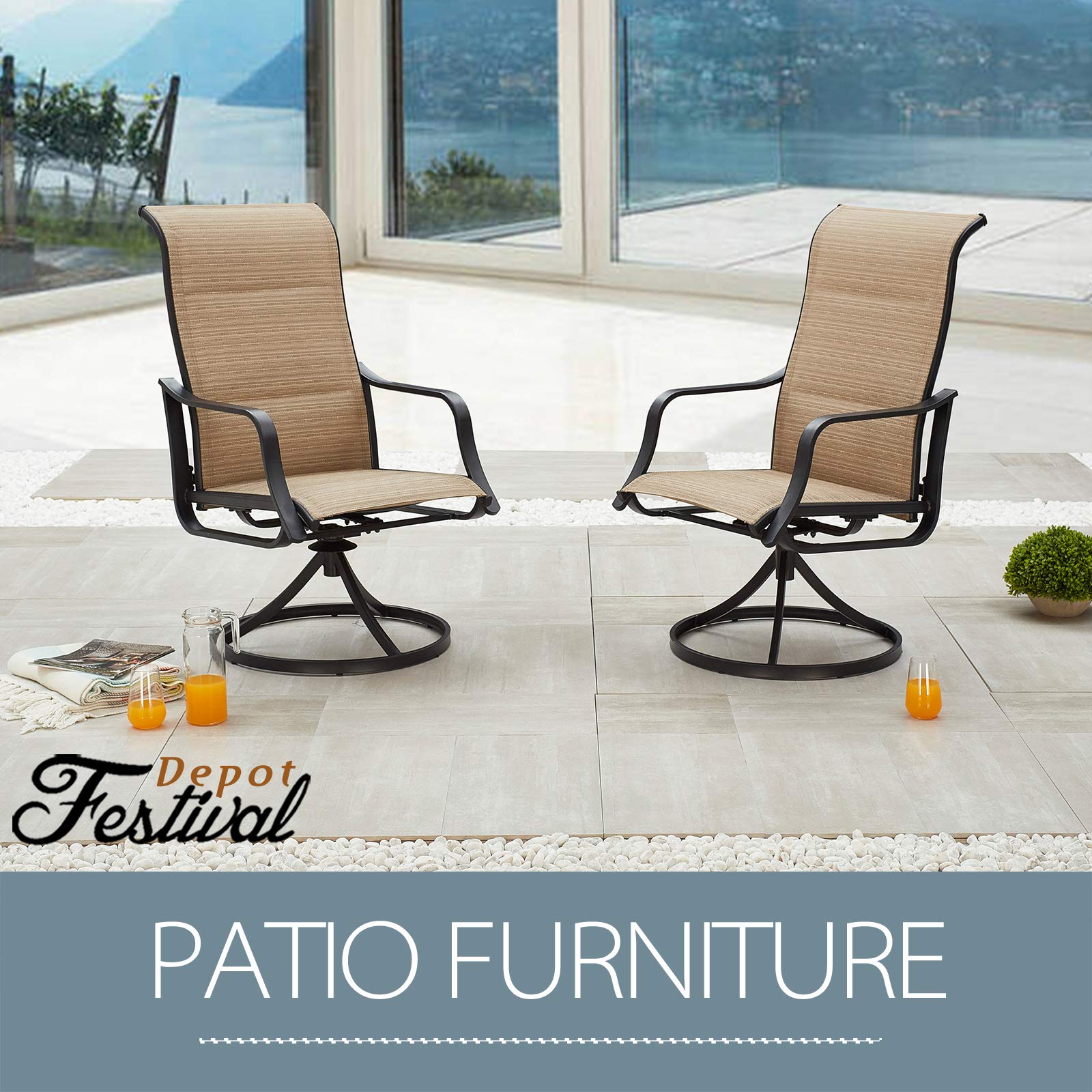 360° Swivel Outdoor Dining Chairs Set of 2 - Textilene High Back Breathable Patio Furniture for Deck, Garden, Pool - Beige - Perfect for Backyard BBQs, Poolside Lounging & Outdoor Entertaining