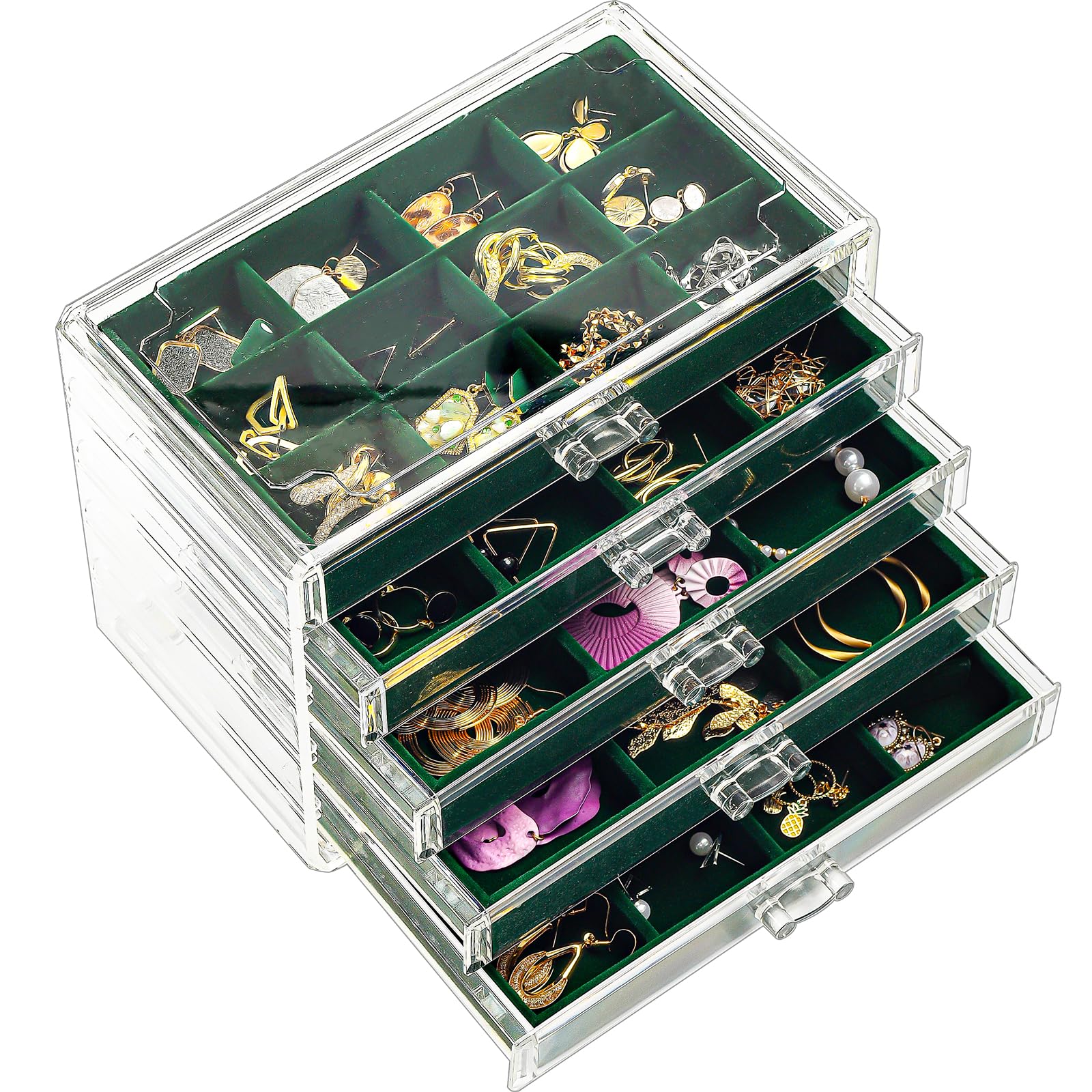 ProCase 5-Drawer Acrylic Jewelry Organizer Box with Adjustable Velvet Trays - Clear Earring Holder for Women (Emerald Green) | Perfect for Bedroom Vanity, Closet Storage & Travel Jewelry Case