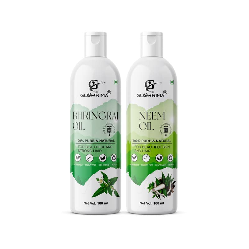 Glowrima 100% Pure Bhringraj Oil & Neem Oil Combo (100ML Each) - Natural Hair Growth Treatment for Thicker, Stronger Hair | Reduces Hair Fall, Repairs Split Ends, Adds Shine & Softness | Perfect for Daily Hair Care & Scalp Massage