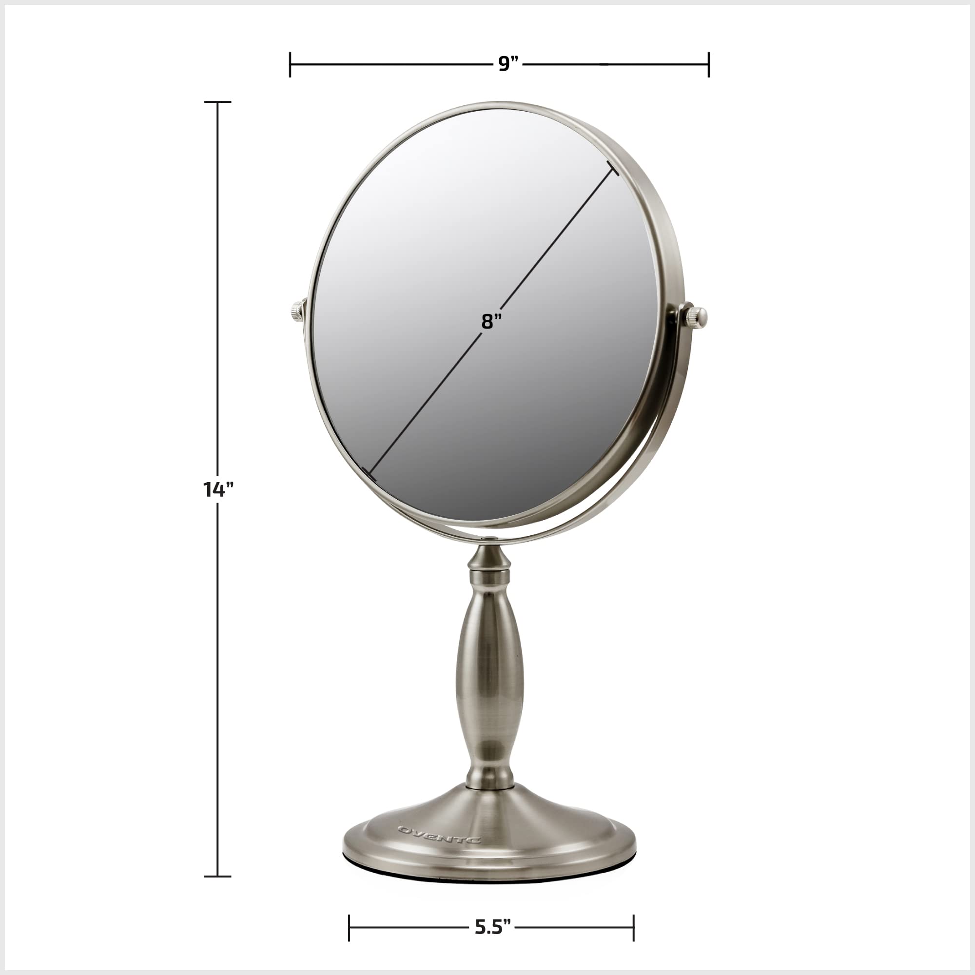 OVENTE 8-Inch Double-Sided Vanity Mirror with 1X & 7X Magnification - 360° Swivel Stand, Brushed Nickel Finish - Perfect for Makeup, Skincare, Grooming at Home, Office or Travel