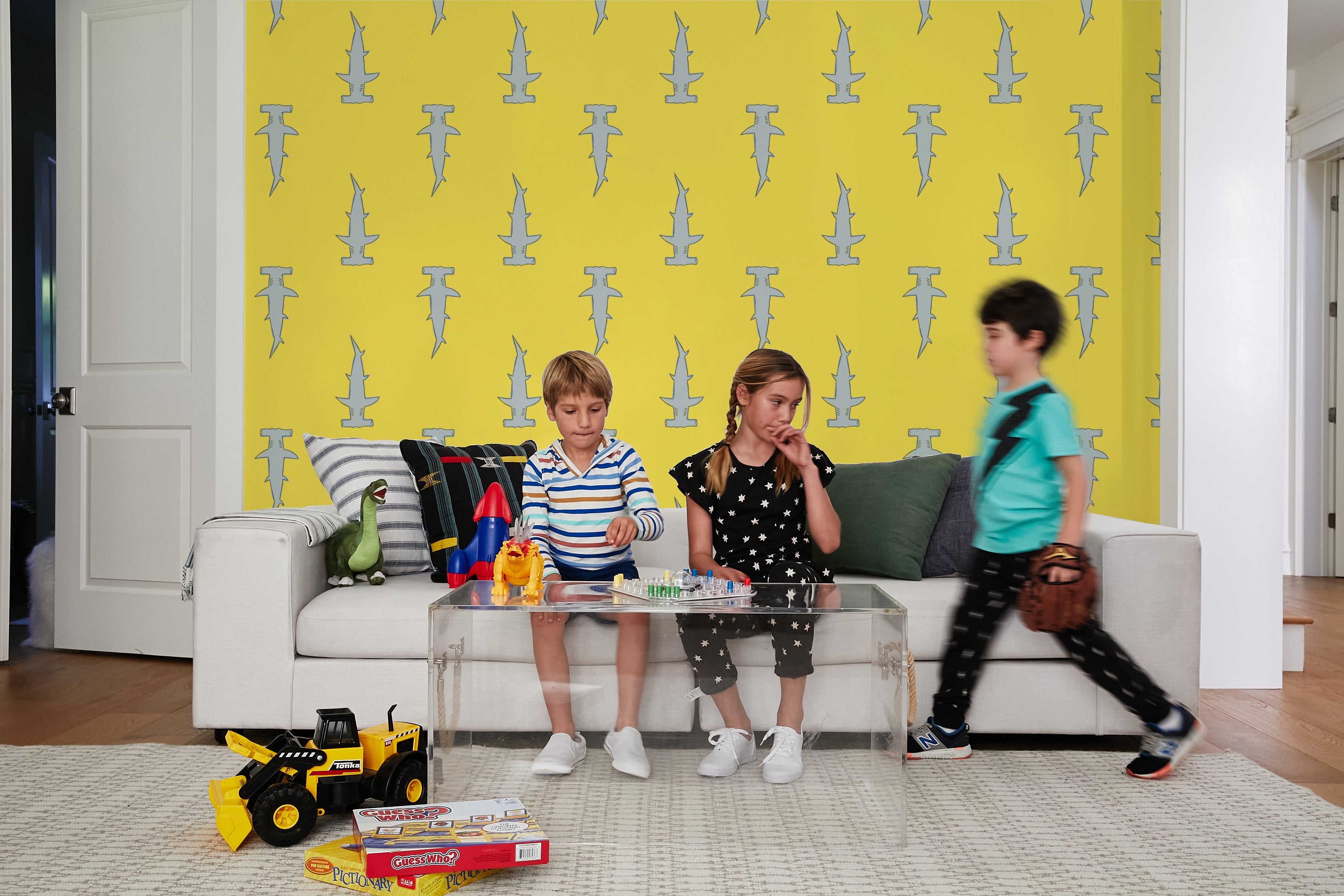 Hammerheads Wallpaper by Tea Collection - Yellow Tropical Shark Design for Kids Room & Nursery Decor