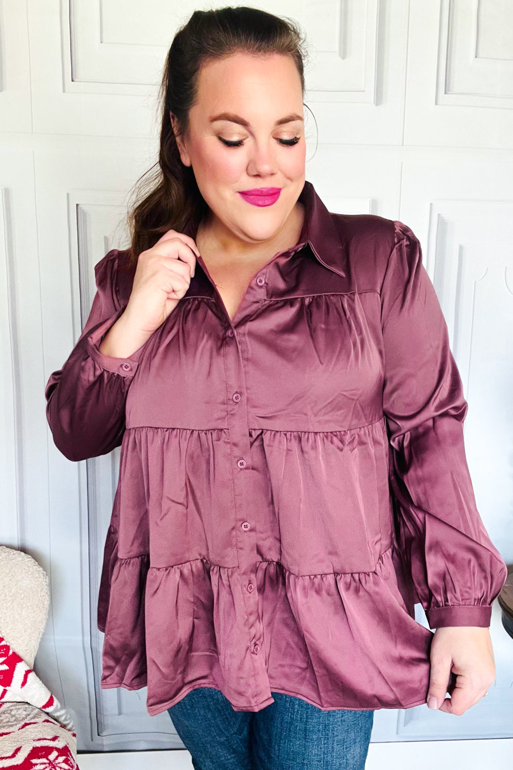 Burgundy Satin Babydoll Top with Button Down & Tiered Design - Perfect for Date Nights, Parties & Casual Outfits