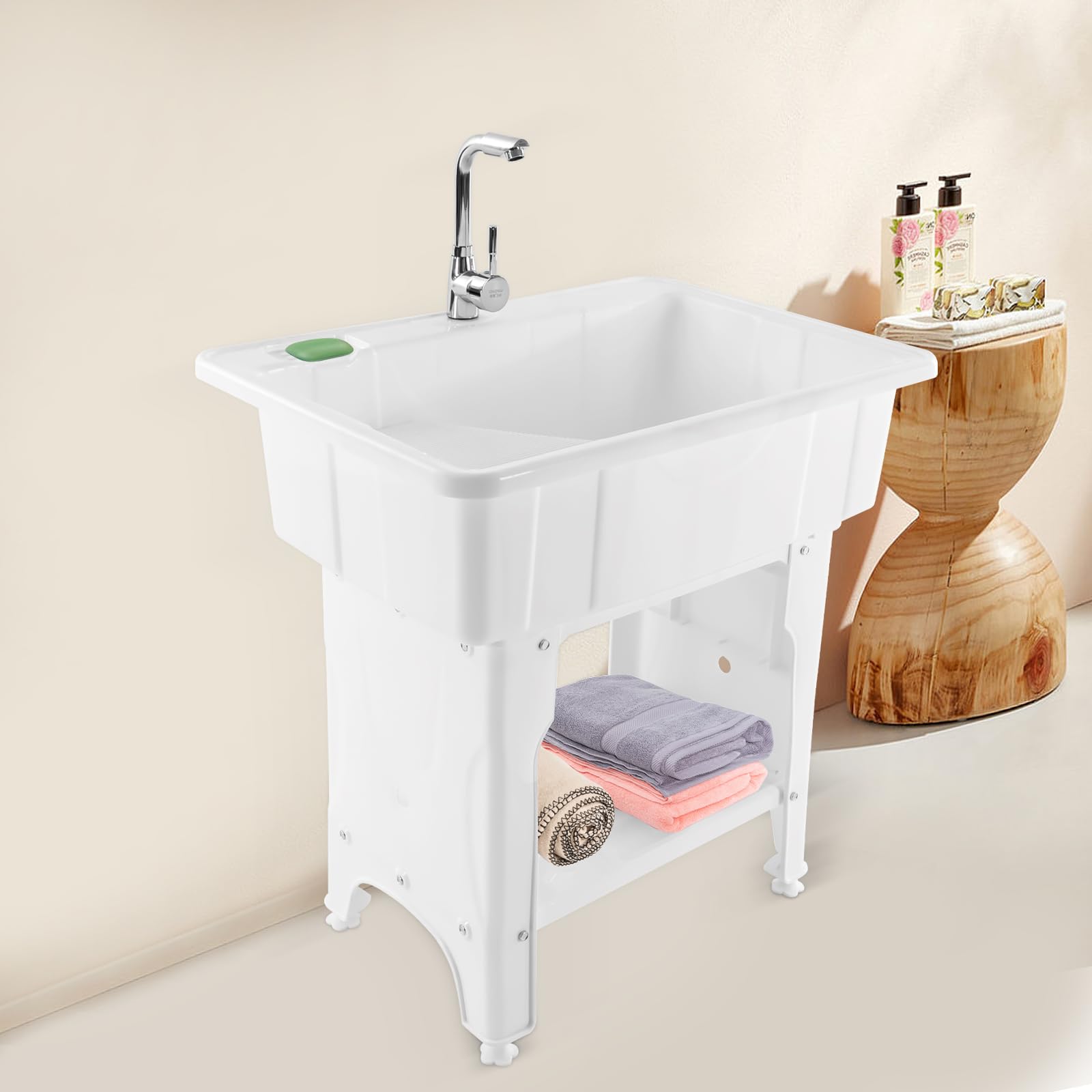 Freestanding Plastic Laundry Sink with Washboard - 25.59x21.65x31.5 Inch Utility Sink with Hot/Cold Faucet, Hoses & Drain Kit - Perfect for Garage, Basement, Garden & Outdoor Cleaning Tasks
