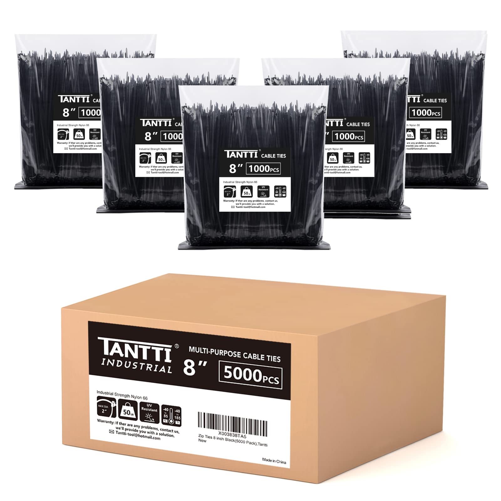 5000 Pack Black 8 Inch Zip Ties (5×1000) - 50lb Tensile Strength, UV Resistant Self-Locking Cable Ties for Indoor & Outdoor Use - Perfect for Organizing Wires, Securing Plants, and DIY Projects - by Tantti