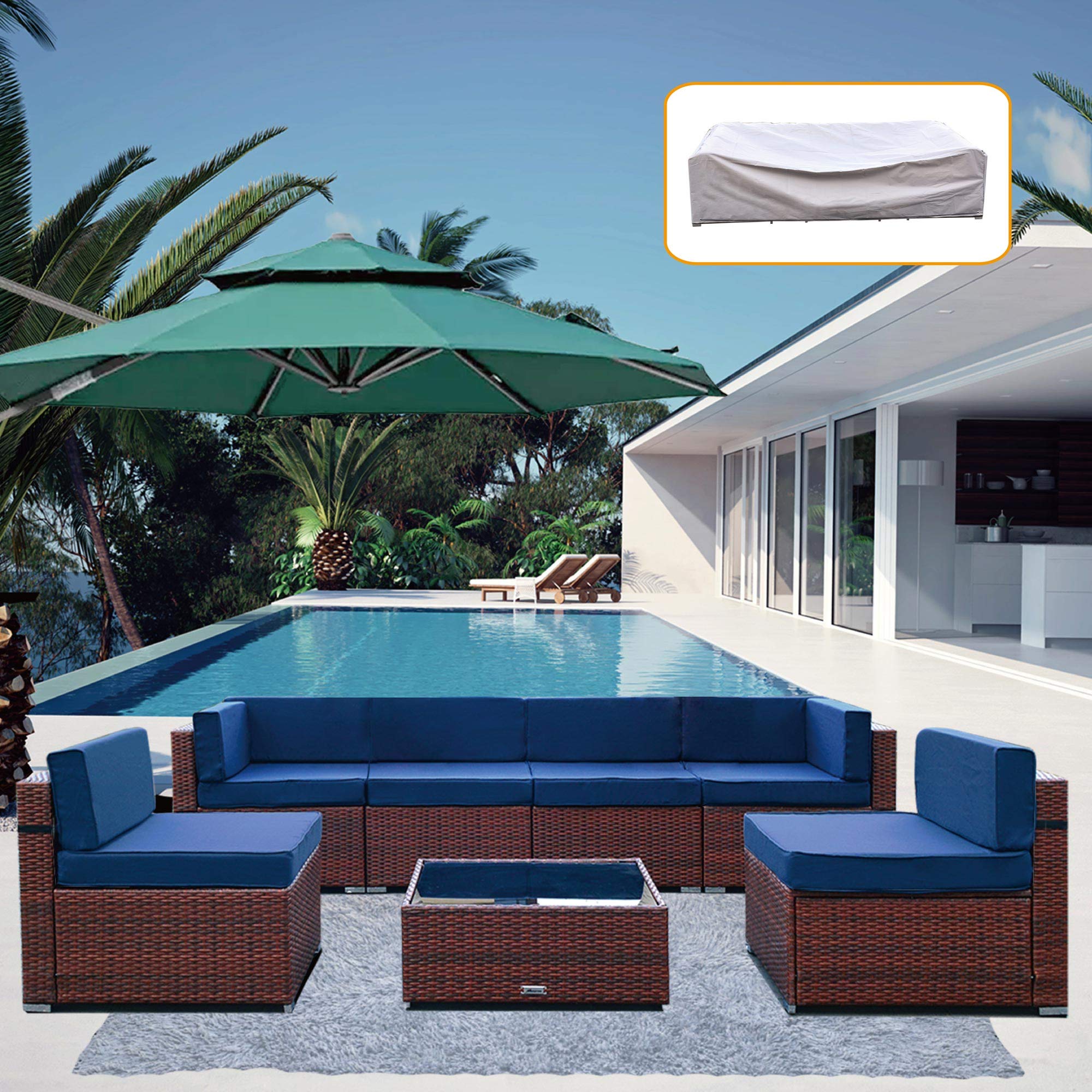 7-Piece Outdoor Patio Furniture Set with Waterproof Cover - All-Weather Wicker Sectional Sofa with Blue Striped Cushions & Zippers (Claret Color) - Perfect for Backyard, Poolside & Garden Relaxation