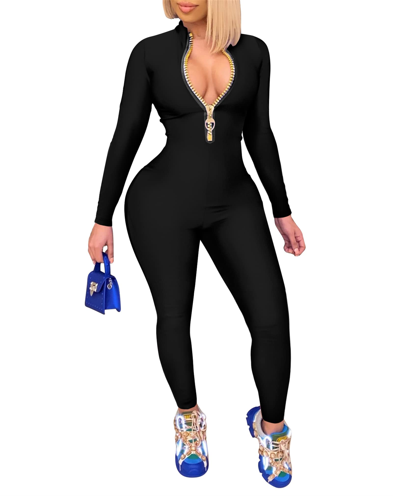 Sexy Women's Bodycon Jumpsuit with V-Neck & Long Sleeves - Stretchy Zipper One Piece Outfit for Club, Date Night & Evening Parties