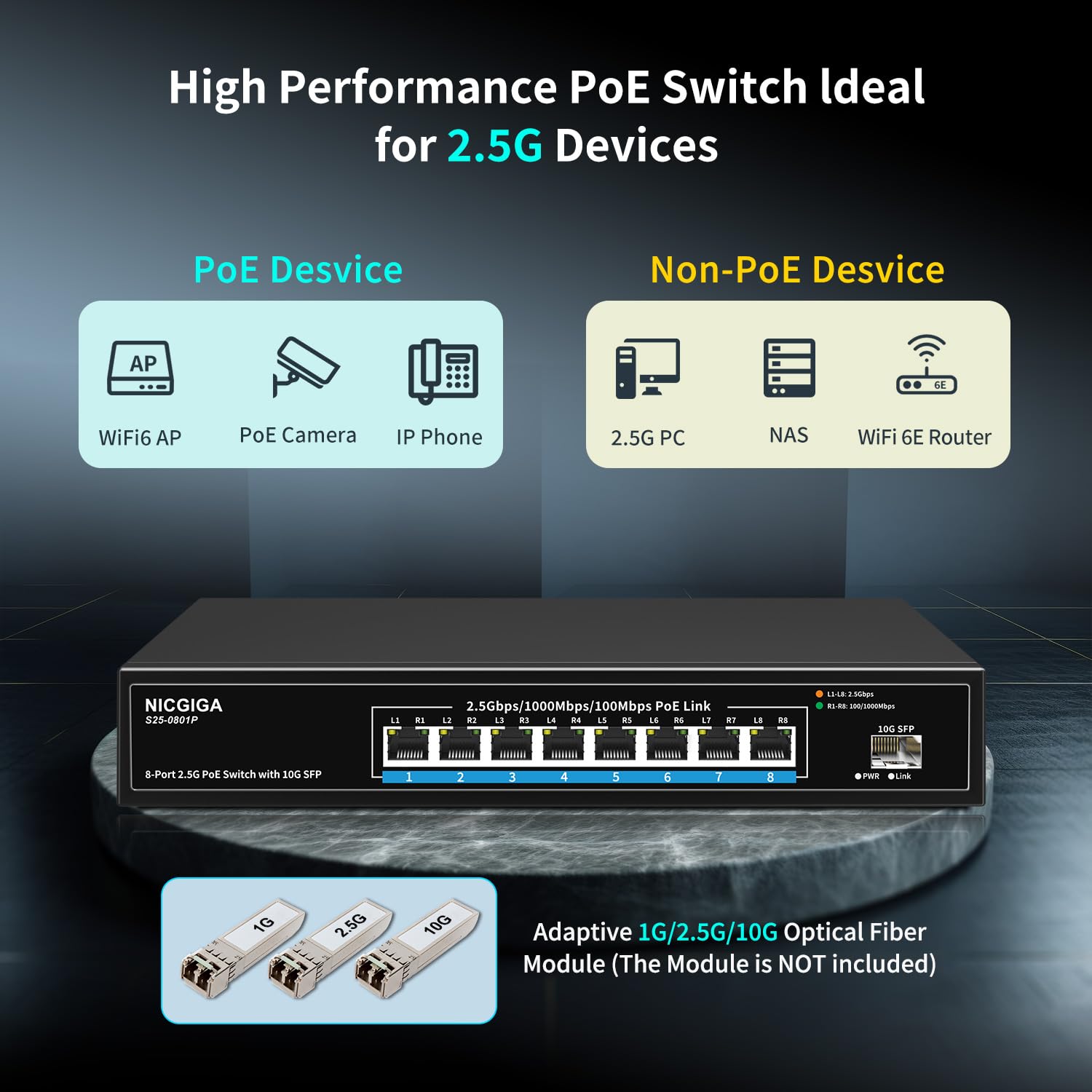 8 Port 2.5G PoE Switch Unmanaged - 8 x 2.5GbE PoE+ @120W with 10G SFP Uplink - IEEE 802.3af/at Compliant - Ideal for WiFi6 Access Points, NAS Storage, 4K PoE Security Cameras & NVR Systems - Perfect for Home Office & Business Network Setup