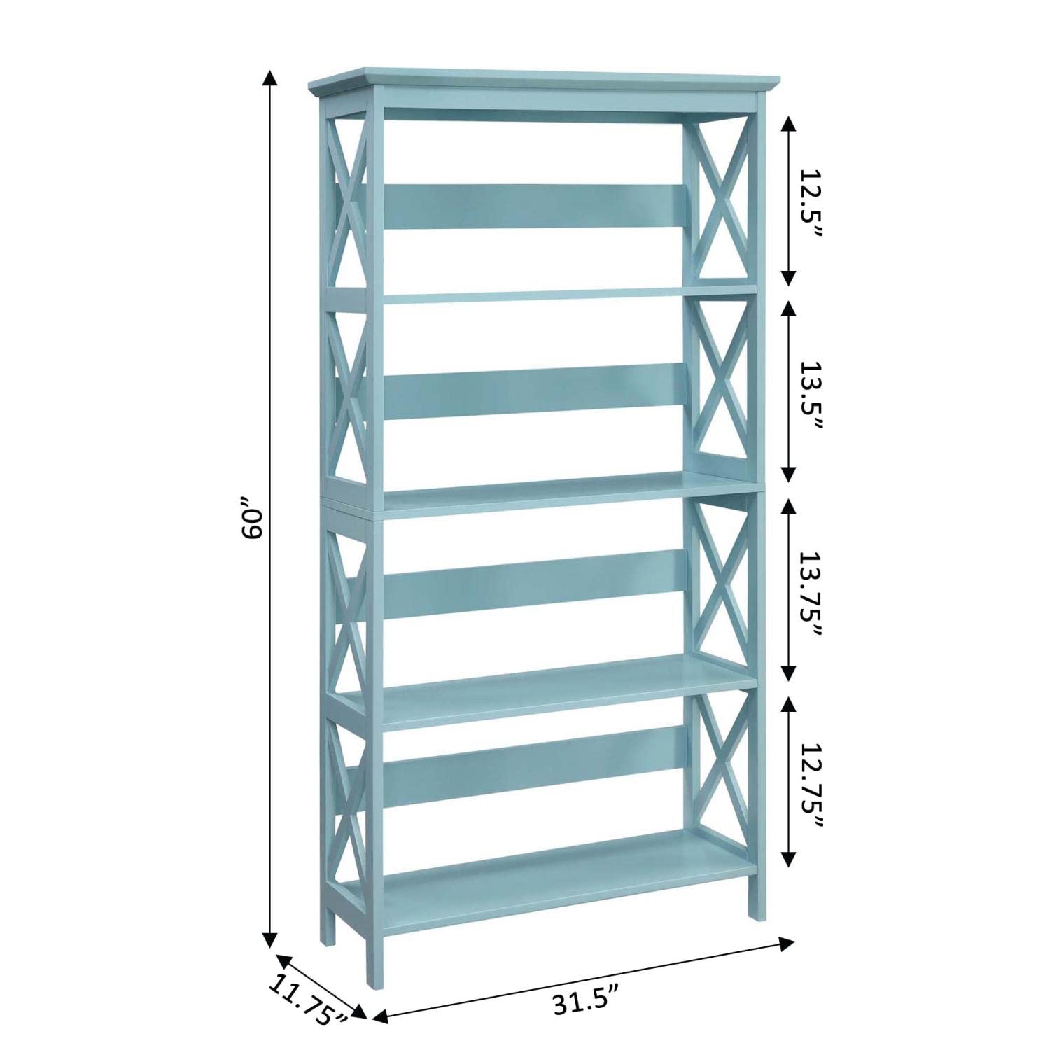 Oxford 5-Tier Bookcase by Convenience Concepts - Modern Sea Foam Storage Shelf for Living Room, Bedroom & Office - Perfect for Books, Decor & Organizing Small Spaces