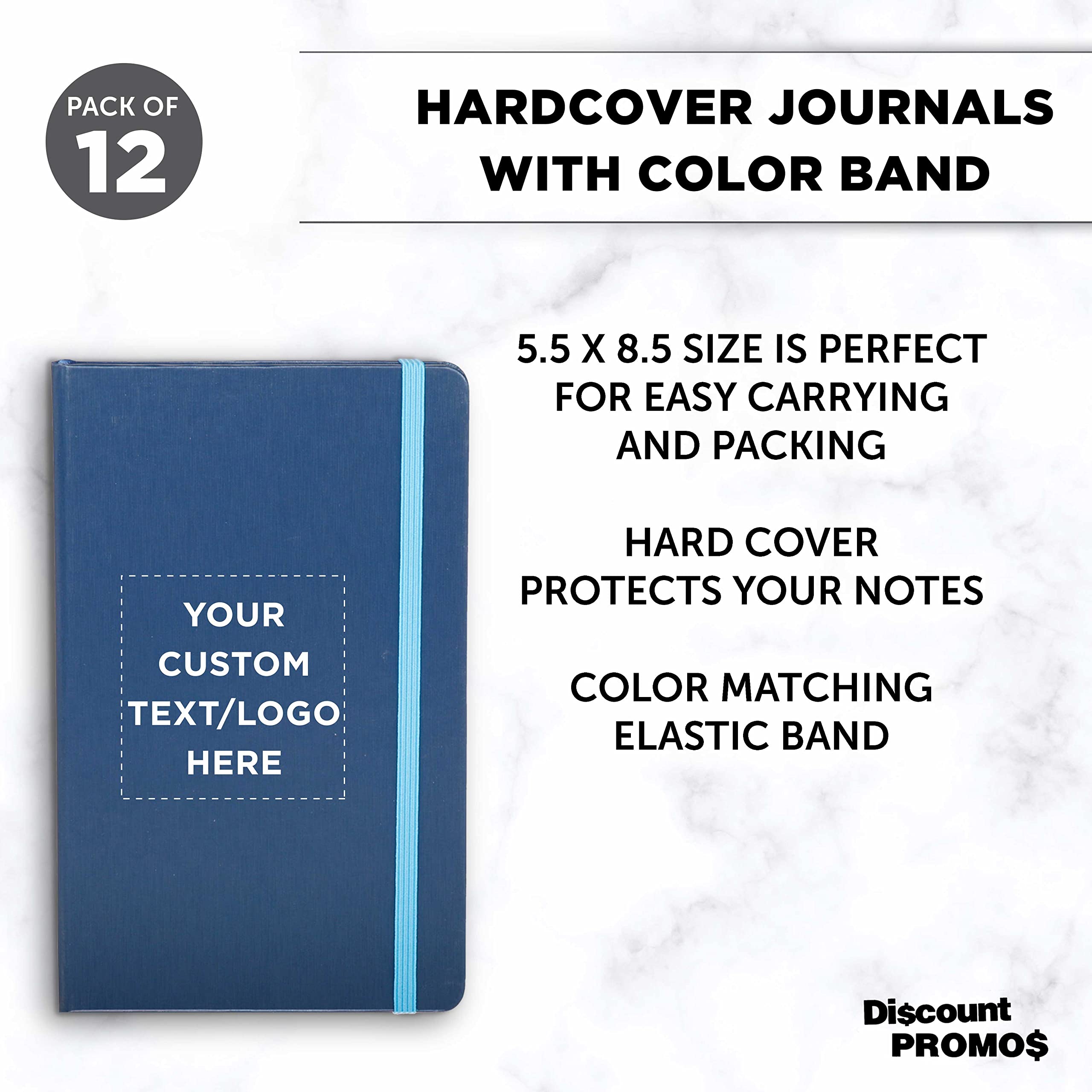 Custom Hardcover Notebook Journals with Elastic Band - Set of 12 Personalized Bulk Pack - Blue - Perfect for School, Office & Home Use - Great for Note Taking, Journaling & Gift Giving