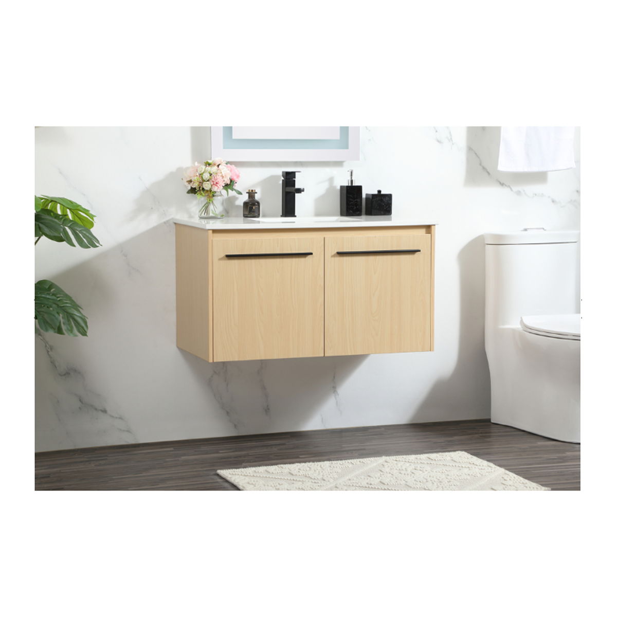 VF44536MMP 36 x 18 Inch White Complete Wall Mount Vanity Top with Faucet Hole & 2 Maple Drawers - Perfect for Small Bathrooms & Powder Rooms