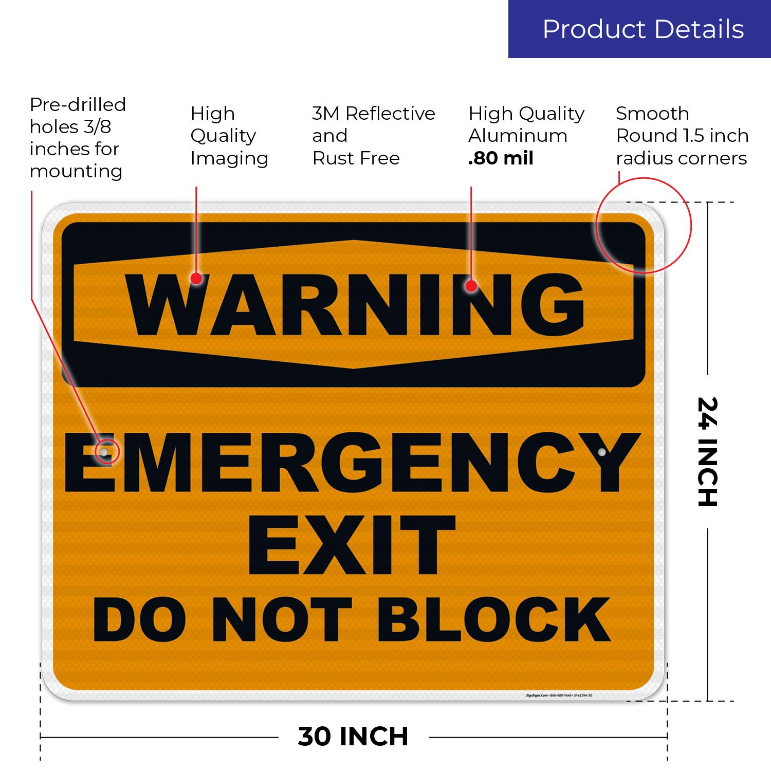 3M EGP Reflective Emergency Exit Sign - 24x30 Inches, Do Not Block Warning Sign, .080 Aluminum, Fade Resistant, Easy Mounting for Indoor & Outdoor Use - Made in USA - Ideal for Offices, Warehouses & Public Buildings