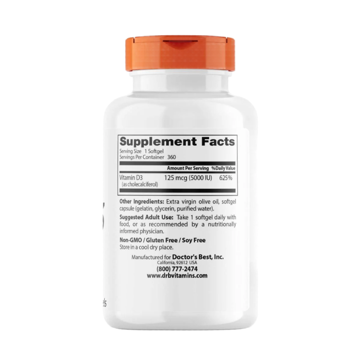 Doctor's Best High Potency Vitamin D3 125mcg (5,000 IU) - 360 Softgels for Immune Support & Bone Health - Daily Supplement for Adults & Seniors