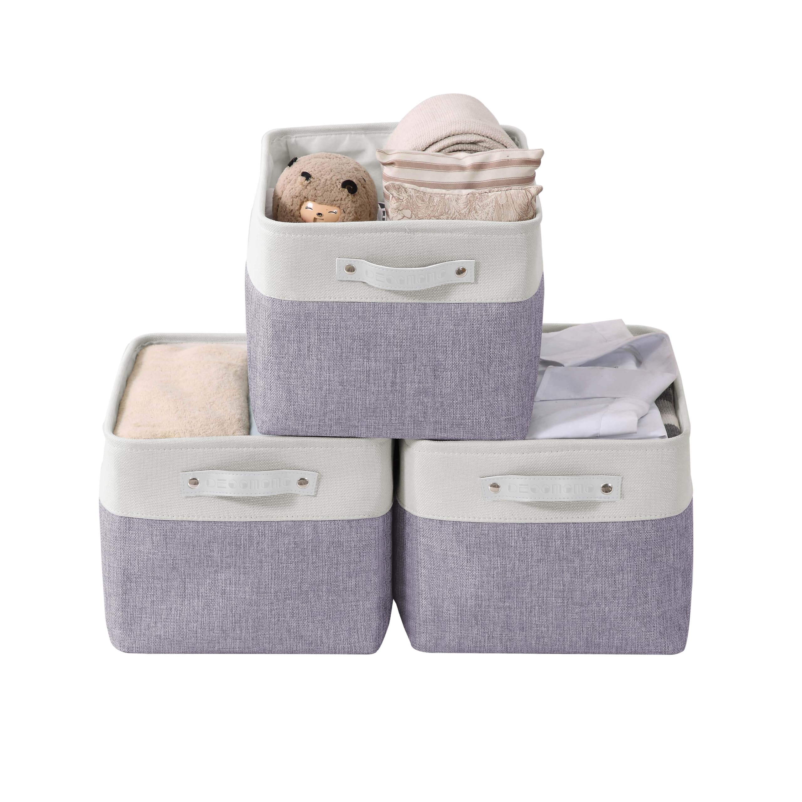 DECOMOMO Large Fabric Storage Bins - 3 Pack Purple & White Closet Organizer Baskets for Shelves, Toys, Nursery & Home Organization | Perfect for Bedroom, Playroom & Linen Closet Storage Solutions