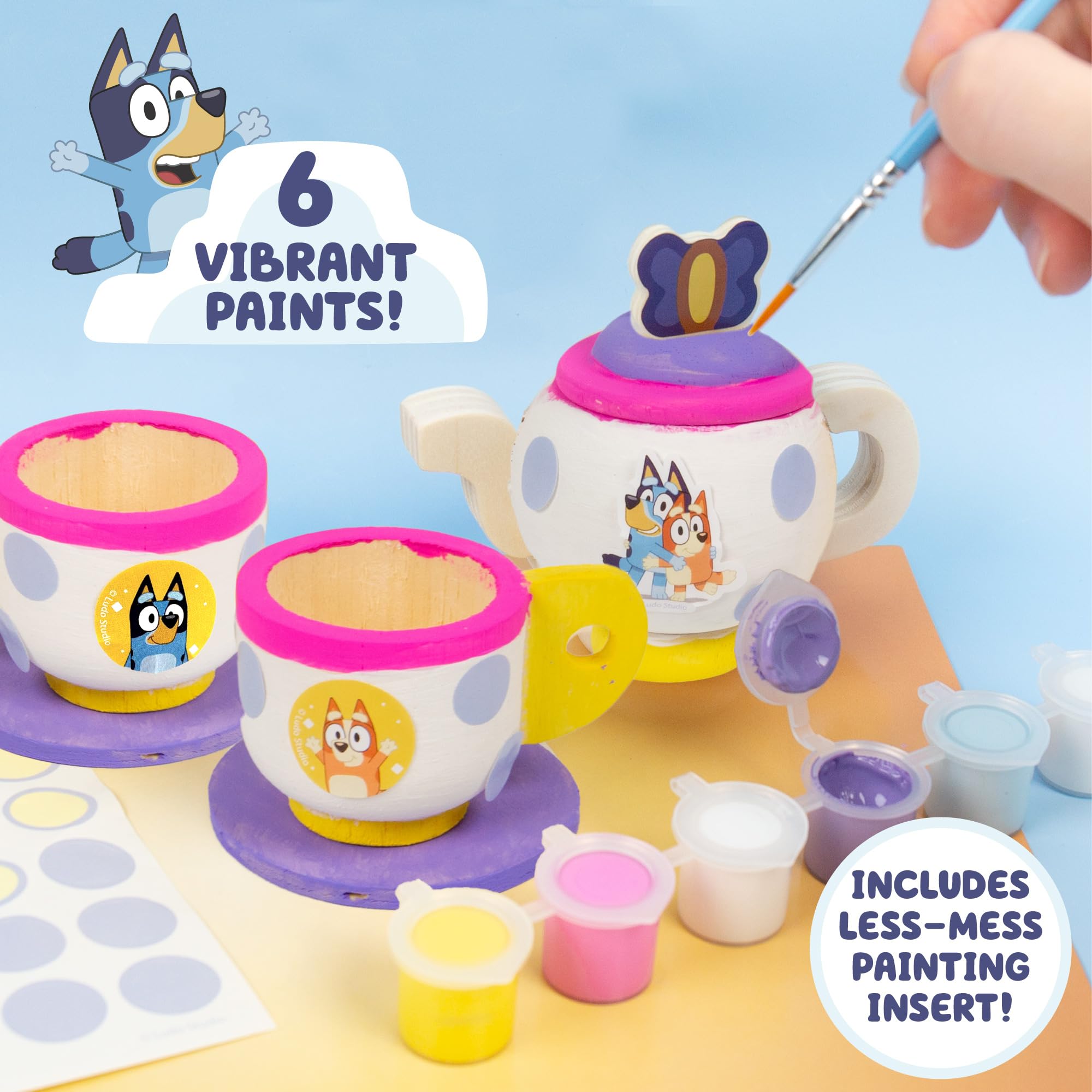 Bluey Paint & Play Tea Set - 6-Piece Wooden Toy for Kids with Custom Paint & Stickers, 2 Wearable Crowns | Pretend Play, Birthday Party Decor & Creative Gift for Toddlers | Perfect for Imaginative Play, Tea Parties & Preschool Learning Activities