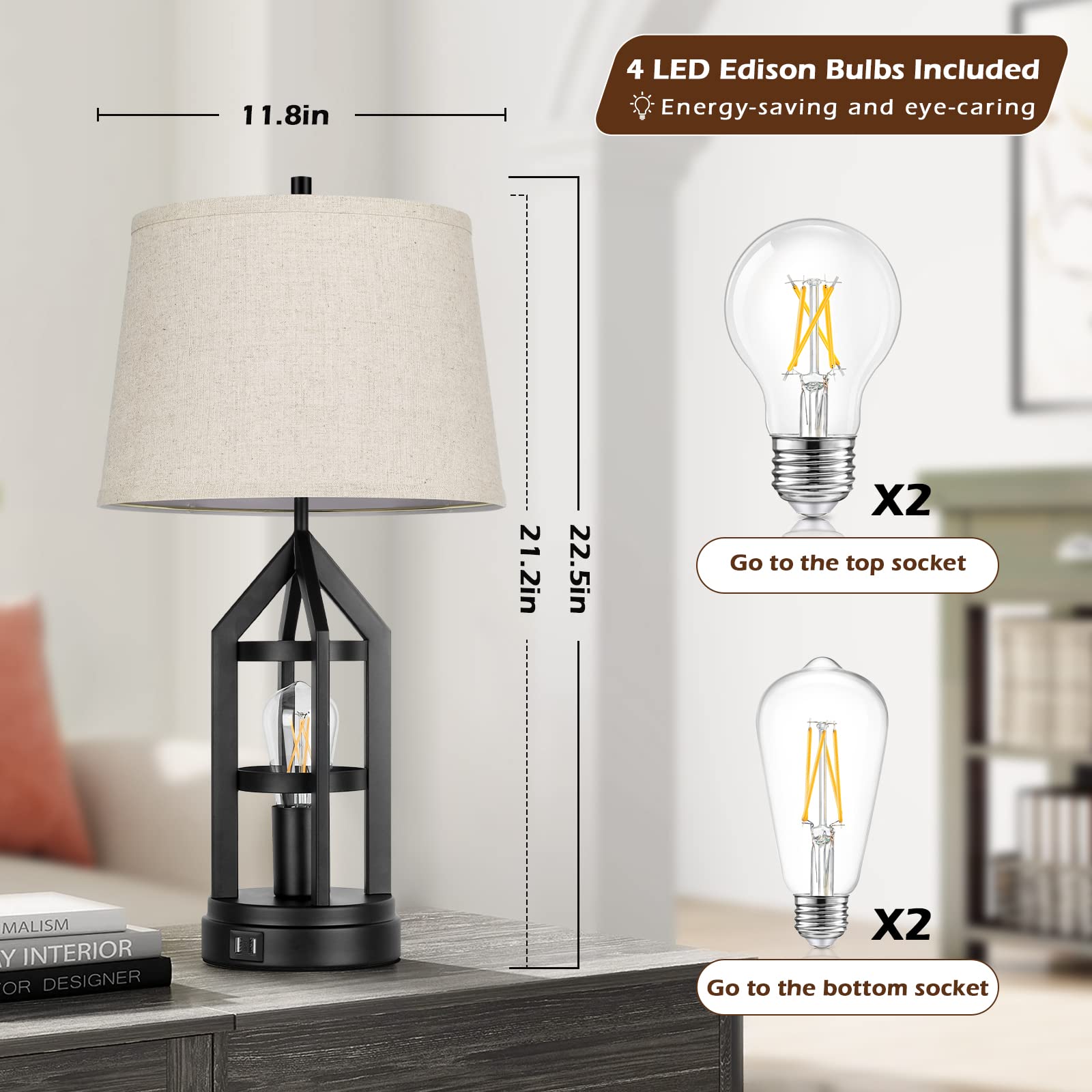 Farmhouse Table Lamps Set of 2 - 3-Way Dimmable Touch Control Nightstand Lamps with USB Charging Ports, Rustic Bedroom Reading Lamps for Living Room & Bedside, Includes 4 LED Bulbs - Perfect for Cozy Home Decor, Late-Night Reading, and Modern USB Charging Needs