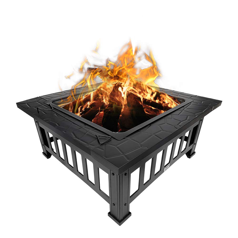 32 Inch Black Square Metal Fire Pit Table - Outdoor Wood Burning Firepit for Patio, Backyard, Camping - Perfect for Family Gatherings & Christmas Parties