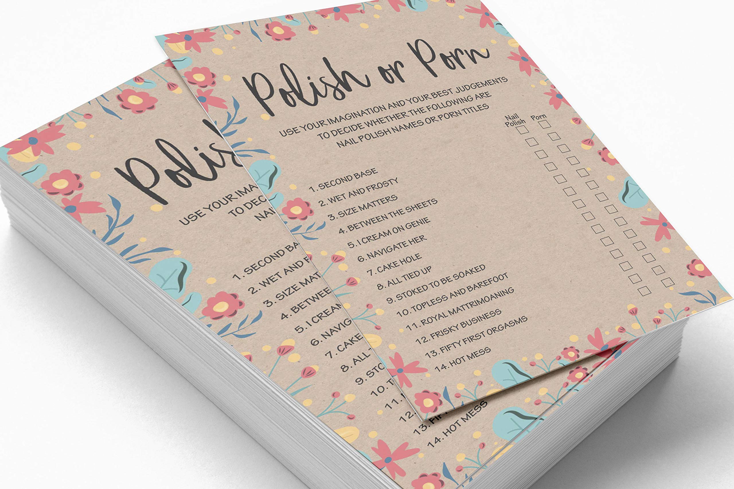 50-Pack Rustic Kraft Floral Bachelorette Party Cards - Bridal Shower Games, Polish or Porn Game Set for Wedding Celebrations & Girls' Night Activities