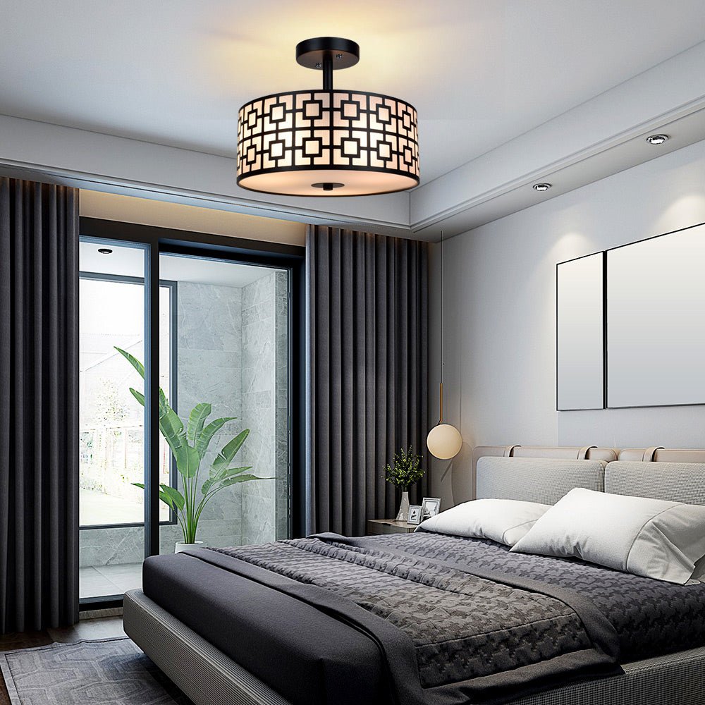 Depuley 12.6 Inch Modern Semi Flush Mount Ceiling Light Fixture - 3-Light Drum Chandelier for Bedroom, Dining Room, Kitchen, Hallway, Entryway, Foyer & Living Room - Black/Silver Finish - Perfect for Ambient Lighting and Home Decor
