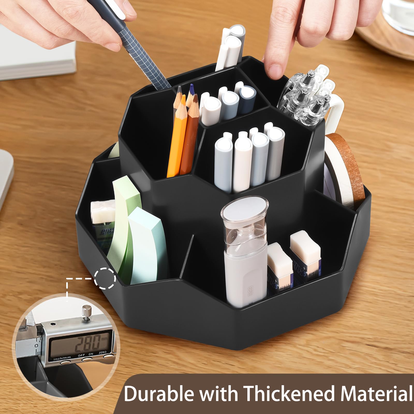 360° Rotating 9-Slot Pencil Pen Holder for Desk - Black Office & Home Stationery Organizer - Perfect for Art Supplies, School, and Workspace Organization