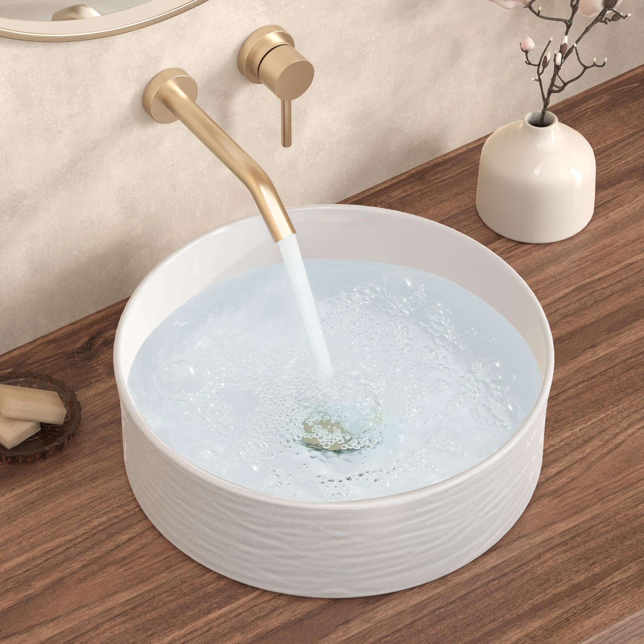 KES 15.8 Inch Round White Ceramic Vessel Sink for Bathroom Vanity - Above Counter RV Countertop Bowl (BVSC138) - Perfect for Modern Home, Hotel & RV Bathroom Renovations