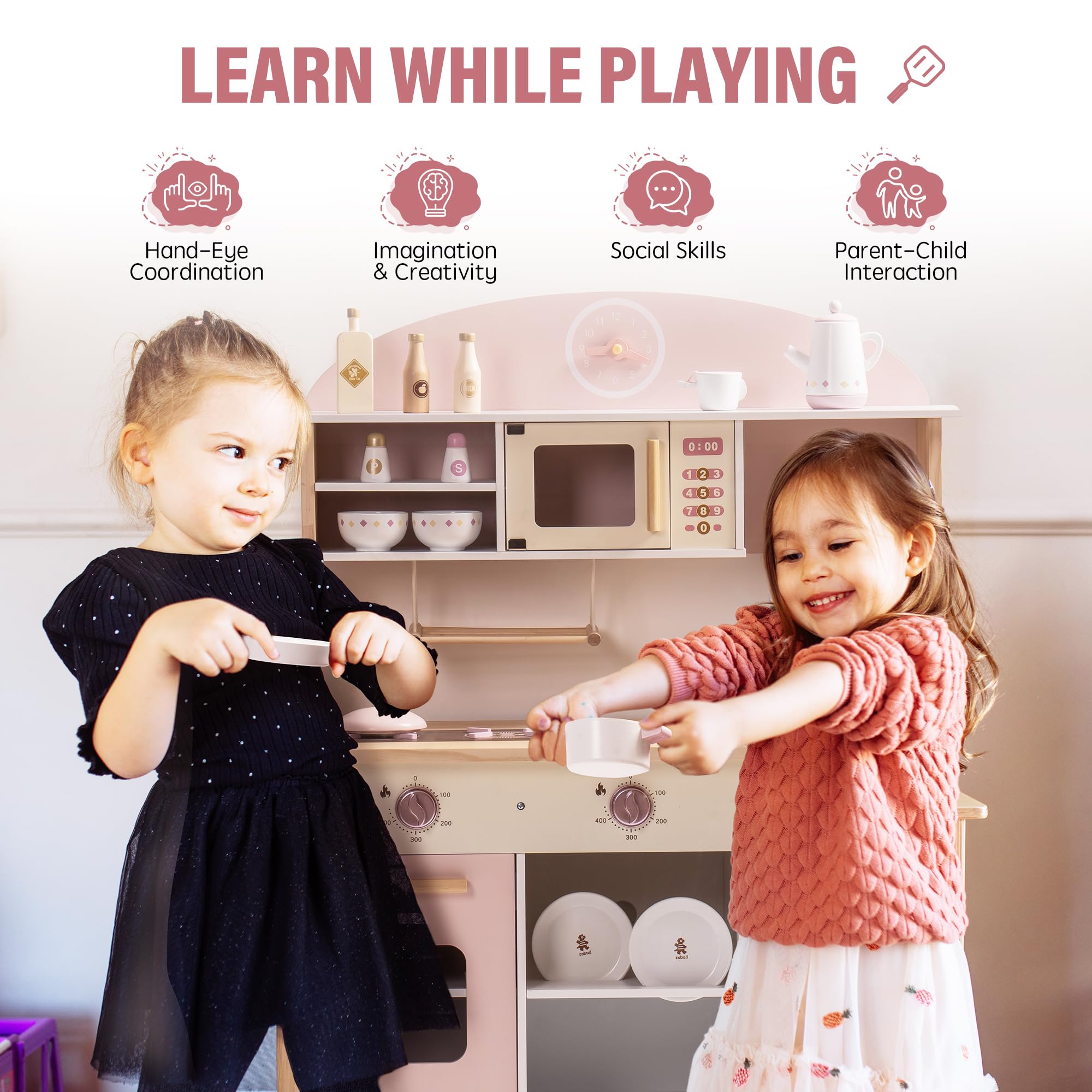 ROBUD Wooden Play Kitchen Set for Kids & Toddlers - Realistic Toy Kitchen with Accessories, Modern Design for Pretend Play - Perfect Gift for Boys & Girls Ages 3+ (Pink) | Great for Birthday, Christmas & Indoor Pretend Play Activities