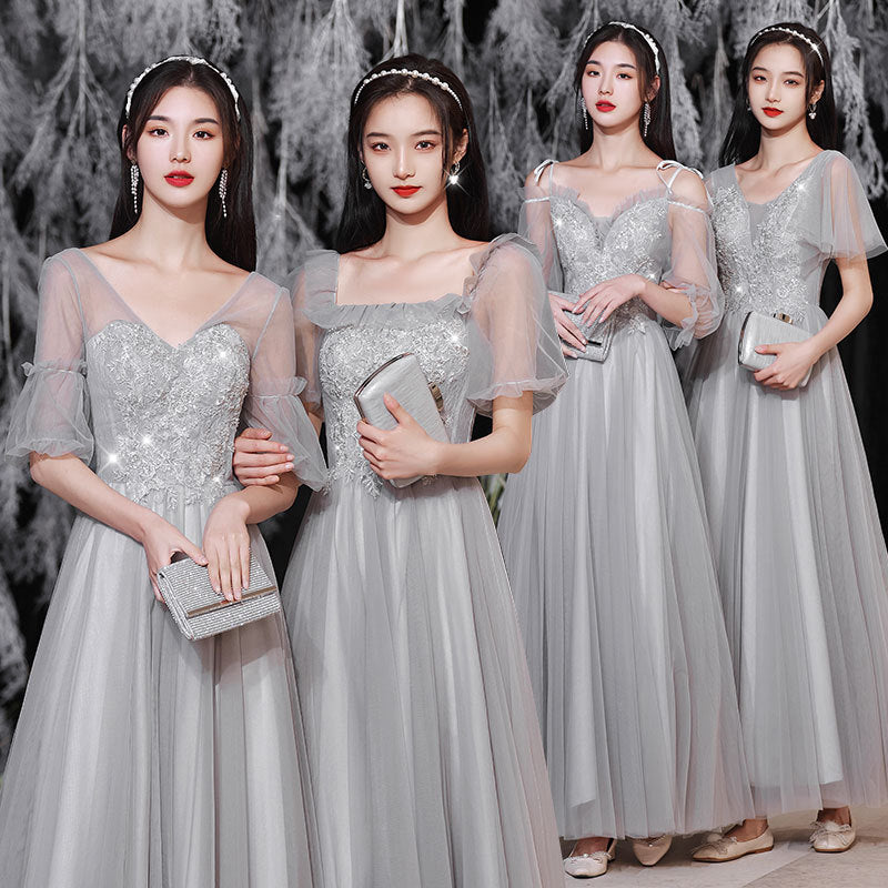 Elegant Gray Tulle Long Prom Dress - A-Line Bridesmaid Gown for Formal Evening & Party Events | Perfect for Weddings, Prom Nights & Special Occasions