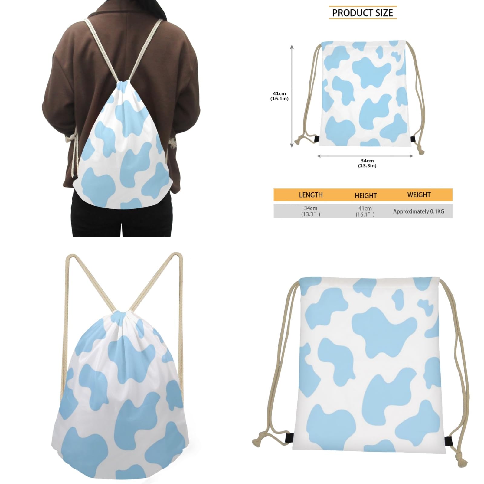 Blue Cow Print Backpack for Girls & Boys - School Book Bag with Lunch Box, Pencil Case, Drawstring Bag & Keychain - Durable Travel Daypack & Satchel for Teens - Perfect for School, Travel & Outdoor Adventures