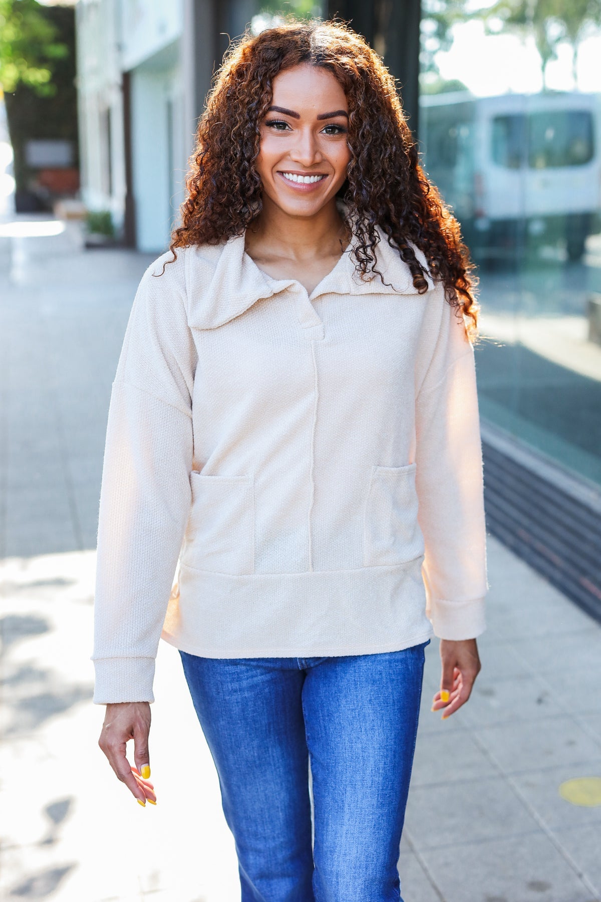 Easy Living Oatmeal Textured Knit Notch Neck Oversized Collar Sweater - Cozy Oversized Women's Knitwear for Fall & Winter | Perfect for Casual Outfits, Coffee Dates and Weekend Relaxation