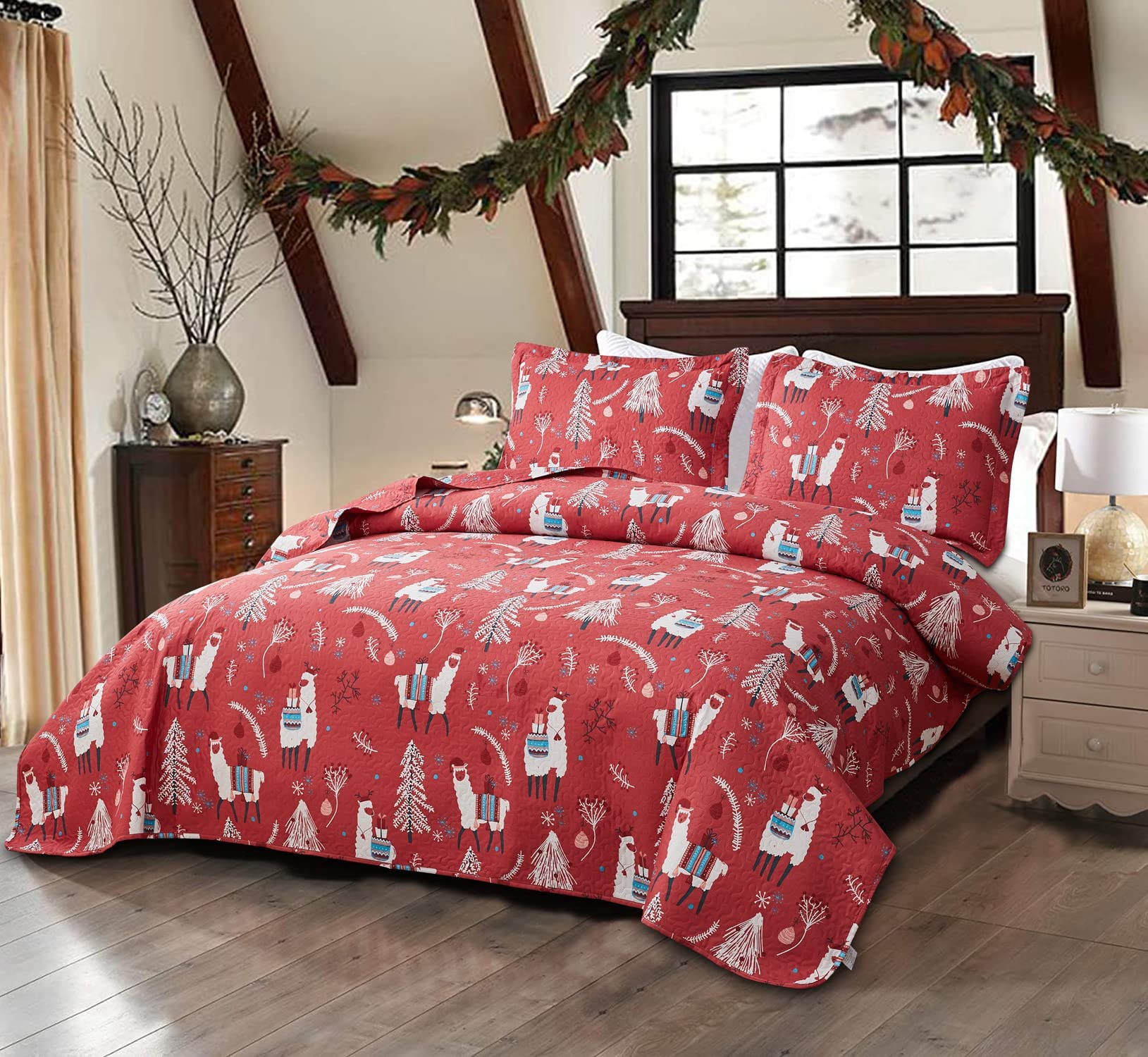 Alpaca Pattern Twin Size 3-Piece Kids Bedding Set - Lightweight Soft Cartoon Quilt Cover with 2 Pillow Shams for Boys Girls Bedroom (Red) | Summer & All Season Comforter for Toddler Room Decor