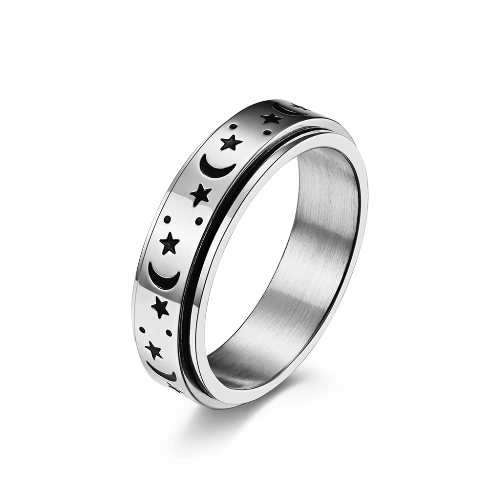 VPanda Stainless Steel Anxiety Relief Fidget Spinner Ring for Women & Kids - 6MM Moon Star Glow in the Dark Promise Ring - ADHD Sensory Toy, Stress Relief Jewelry, Best Friend Gift for Parties & Daily Wear