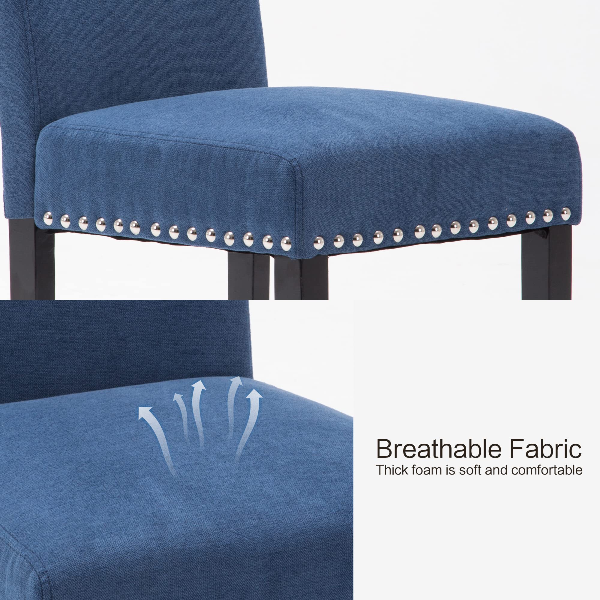 2 Pack Fabric Upholstered Dining Chairs - Modern Parson Chairs with Nailhead Trim & Solid Wood Legs for Kitchen, Dining Room & Home Decor - Blue Velvet Accent Chairs for Elegant Entertaining