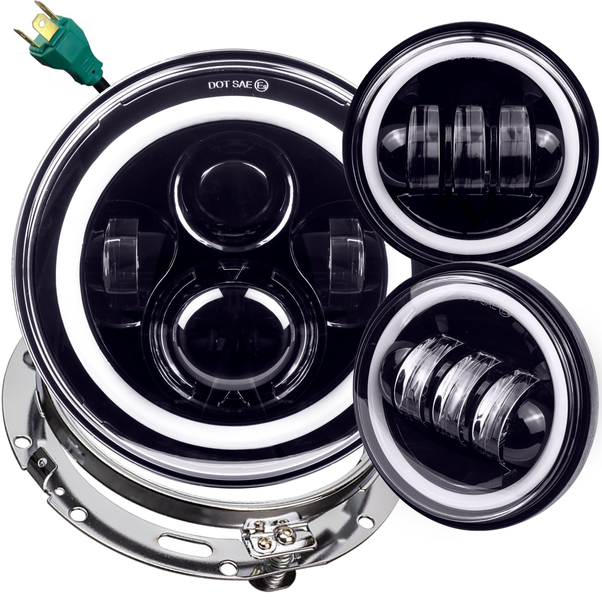 Eagle Lights 7 LED Headlight & 4.5 LED Passing Light Kit with Halo Rings for Harley Davidson & Indian Motorcycles - Generation I (Black) | High-Performance Motorcycle Lighting for Night Riding & Enhanced Visibility