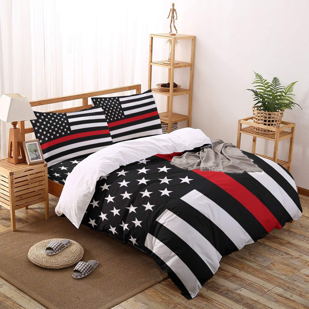 Red Line Respect Firefighter 4-Piece King Size Bedding Set - Ultra Soft Microfiber Duvet Cover with Zipper Closure (1 Comforter Cover + 1 Flat Sheet + 2 Pillowcases) - Patriotic American Flag Design for Home Decor - Perfect for Firefighter Appreciation, Military Support & Bedroom Makeover