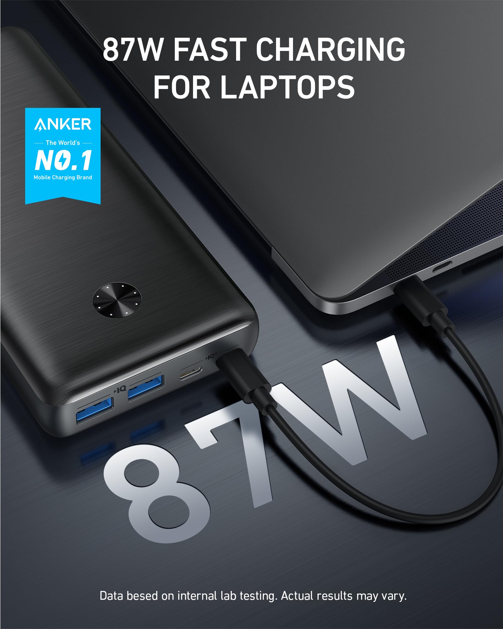 Anker 25,600mAh 87W Power Bank with 65W USB-C Wall Charger - Fast Charging Portable Battery Pack for MacBook Pro, Dell XPS, Microsoft Surface, iPhone 13, Samsung Galaxy, iPad Pro | Perfect for Travel, Business Trips & Outdoor Adventures