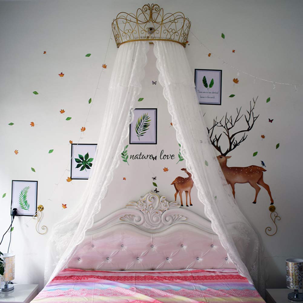 GE&YOBBY Princess Bed Canopy - White Lace Chiffon Bed Curtain with Metal Crown & Star Lights for Girls Bedroom Decor (59 Inch) - Perfect for Birthday Gifts, Nursery Decor & Dreamy Bedroom Makeovers