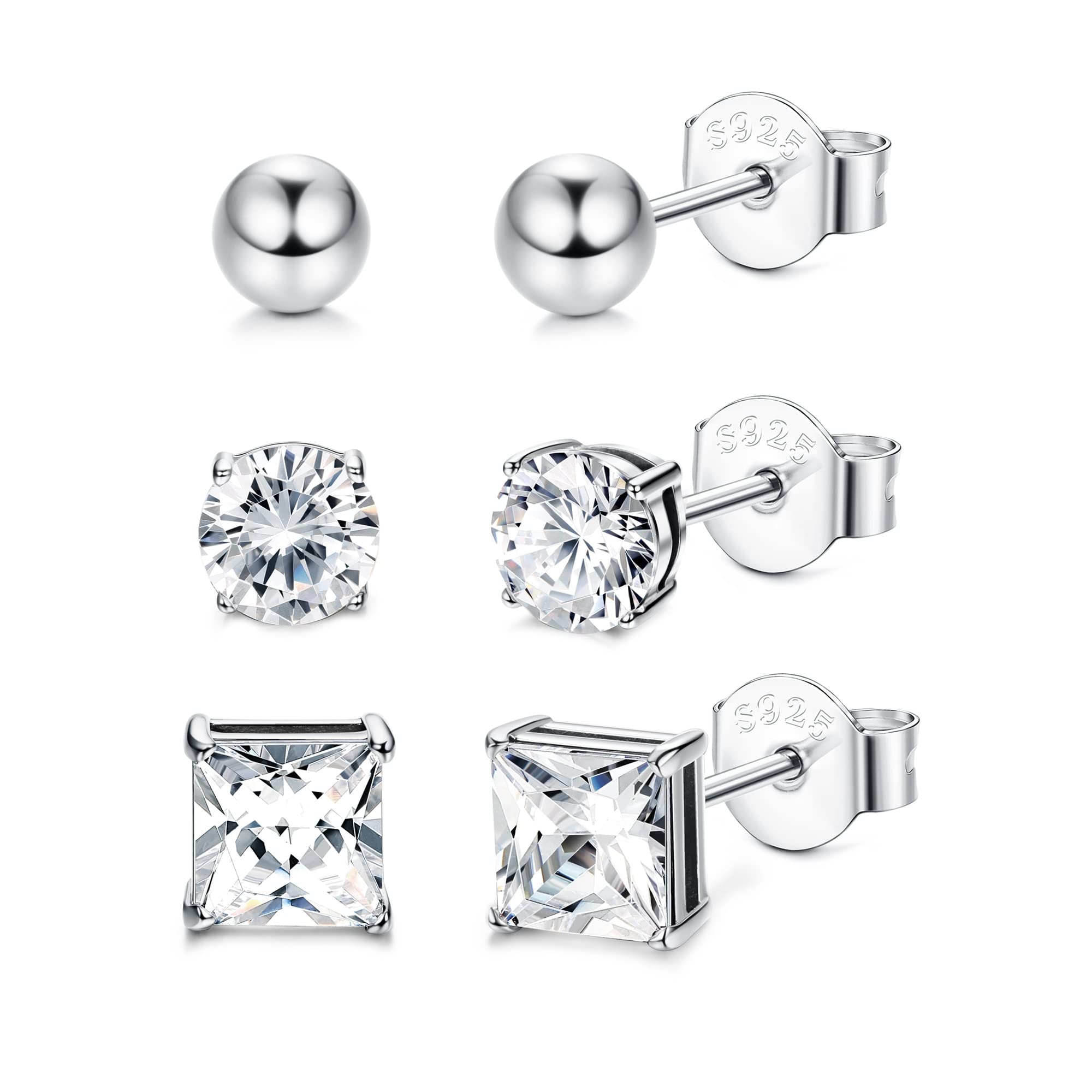 3 Pairs 925 Sterling Silver Stud Earrings for Women & Men - Round Ball & Square Cubic Zirconia CZ Studs (4mm & 6mm) - Cartilage & Tragus Piercing Jewelry - Perfect for Everyday Wear, Gifts & Special Occasions