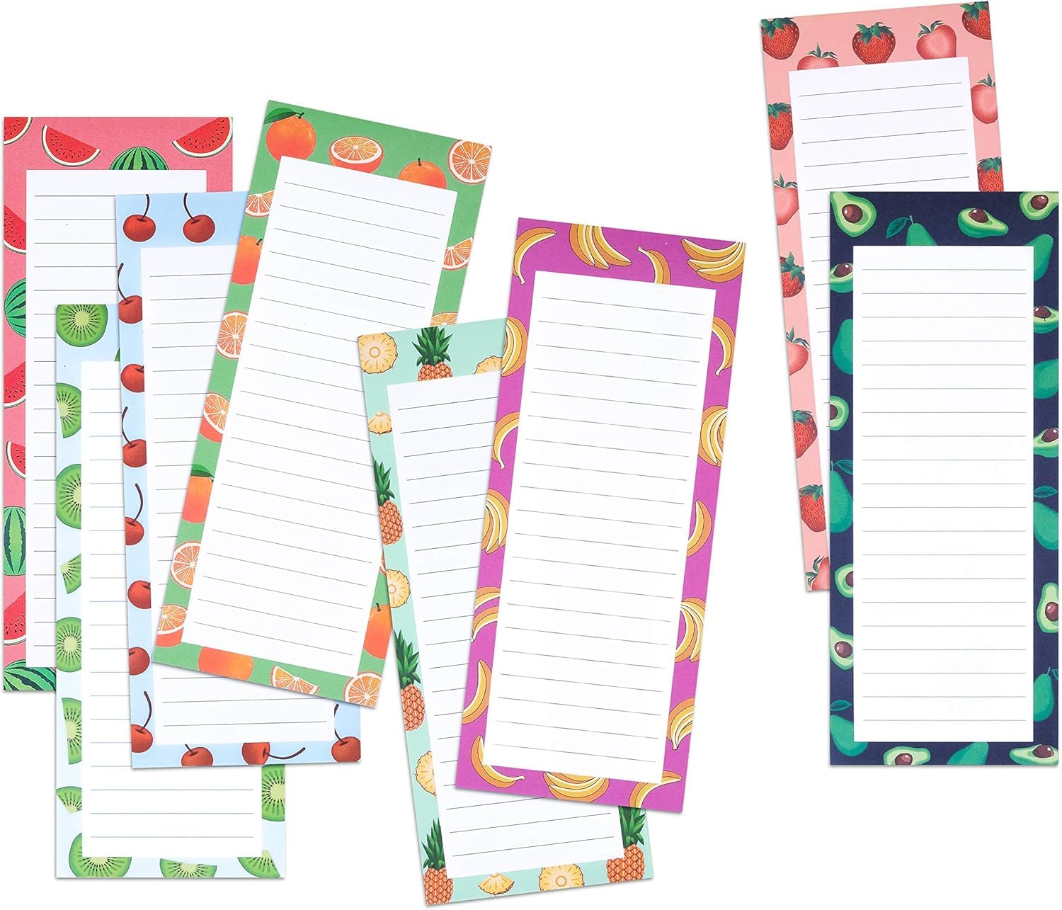 8 Pack Magnetic Notepads for Grocery, Shopping & To-Do Lists - Strong Magnetic Back, Realistic Fruit Designs, 25 Sheets per Pad, 7.5 x 3.5 Inch - Perfect for Fridge, Office & Home Organization