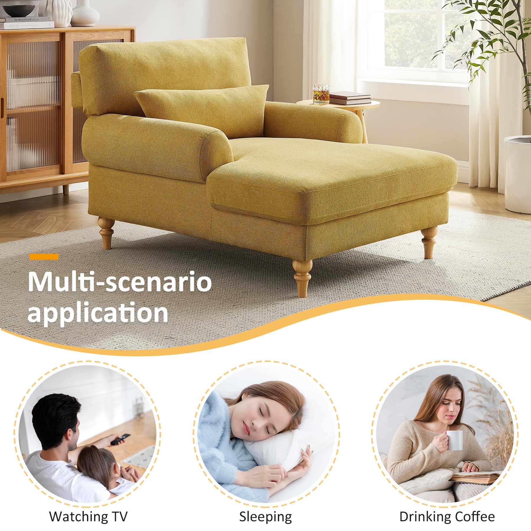Adjustable Chaise Lounge Chair - Modern Upholstered Recliner Sofa for Indoor Use | Sleeper Chair for Bedroom, Living Room, Study & Office | Yellow Leisure Furniture | Perfect for Relaxing, Napping & Small Space Living