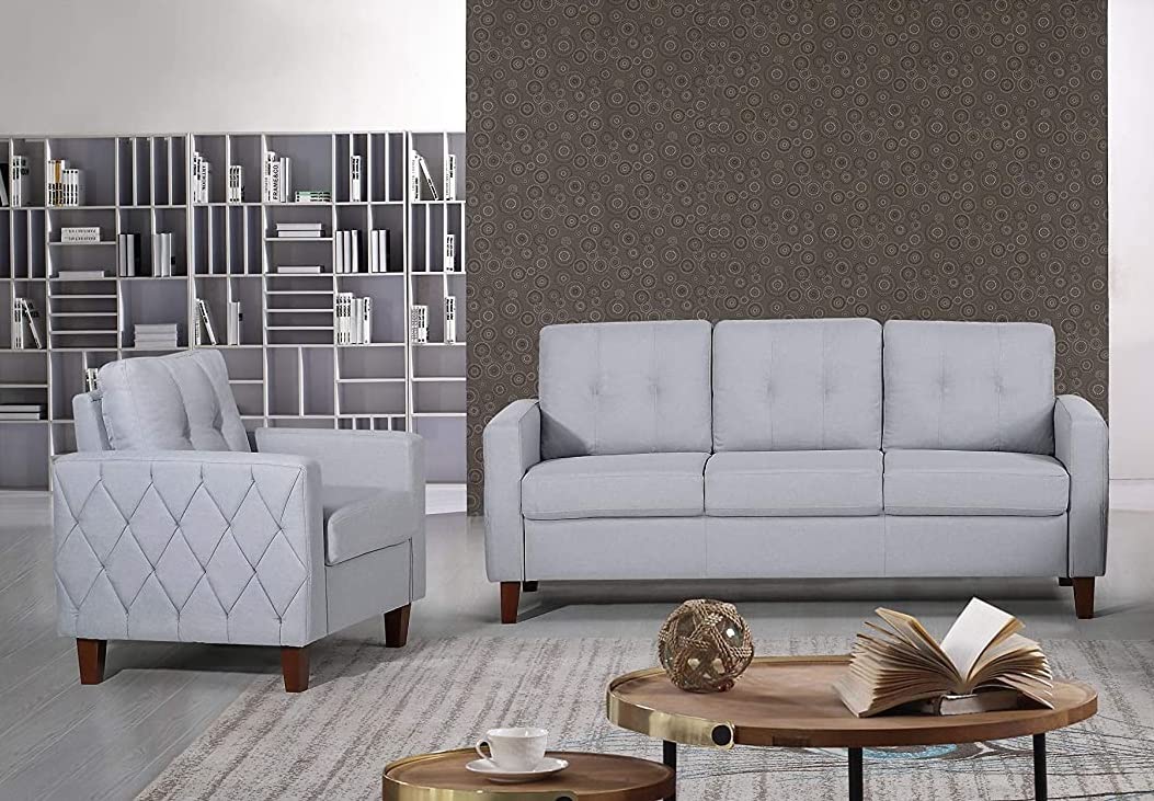 Mid Century Modern Tufted 3-Seater Sofa & Accent Armchair Set - Upholstered Living Room Furniture with Removable Cushions for Bedroom, Home Office | Cozy Lounge Seating for Family Gatherings & Relaxation