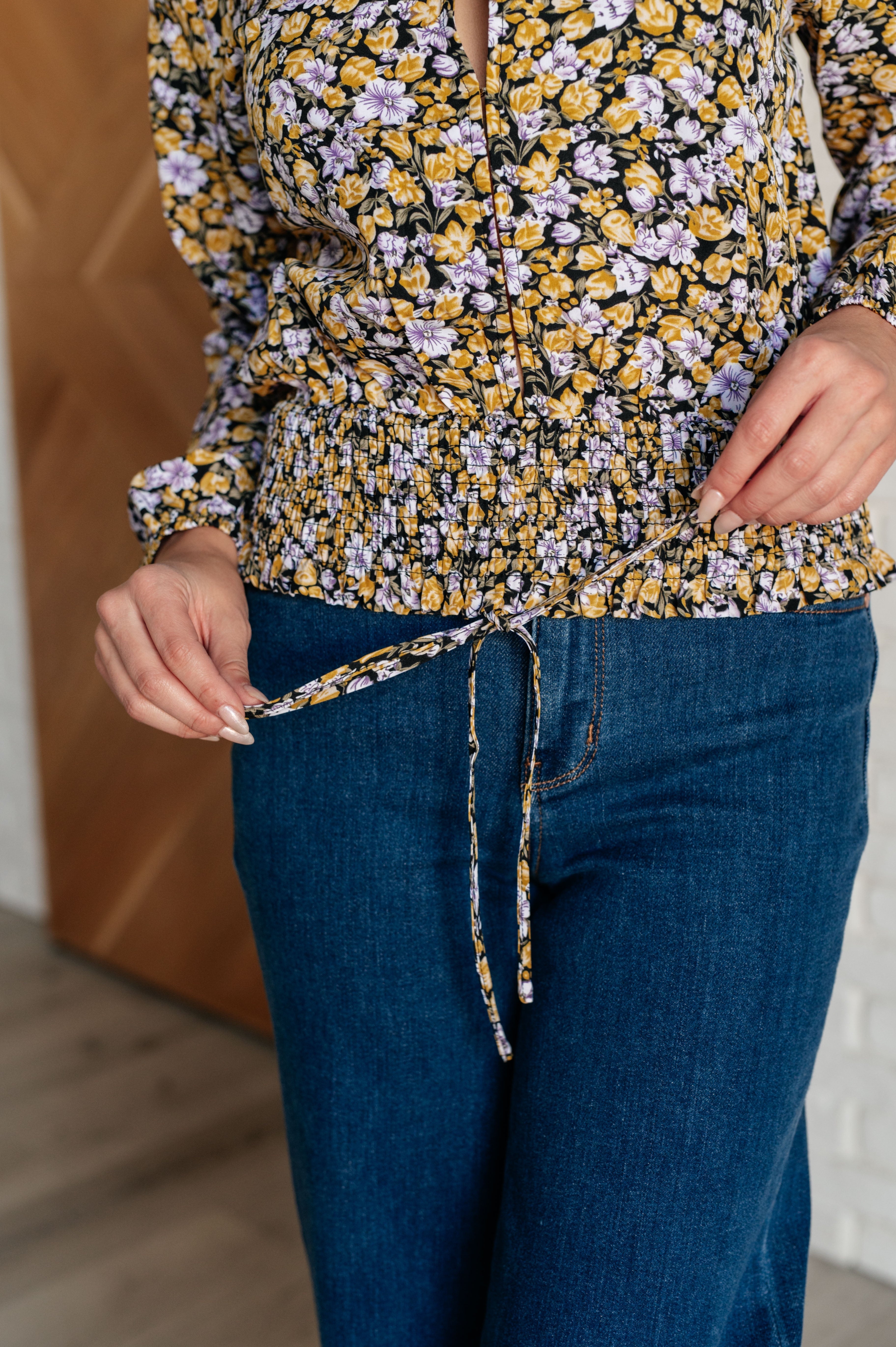 Honey Floral Smocked Blouse for Women - Elegant Black Blouse with Ruffled Sleeves & Floral Embroidery | Perfect for Spring Outfits, Date Nights & Office Wear