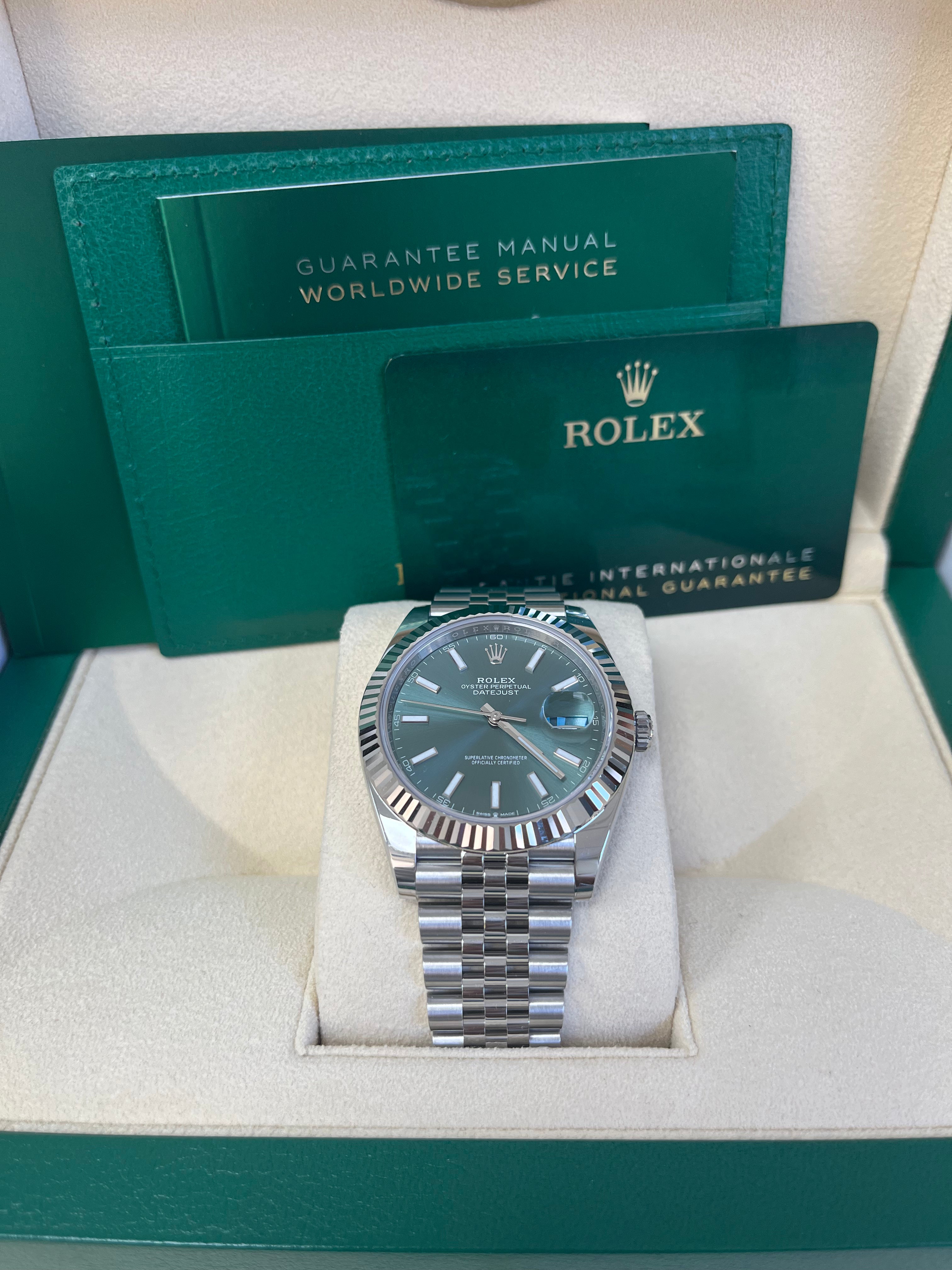 Rolex DateJust 41mm Oystersteel Watch with Mint Green Dial, Fluted Bezel & Jubilee Bracelet (Ref.126334) - Luxury Dress Watch for Business & Formal Occasions