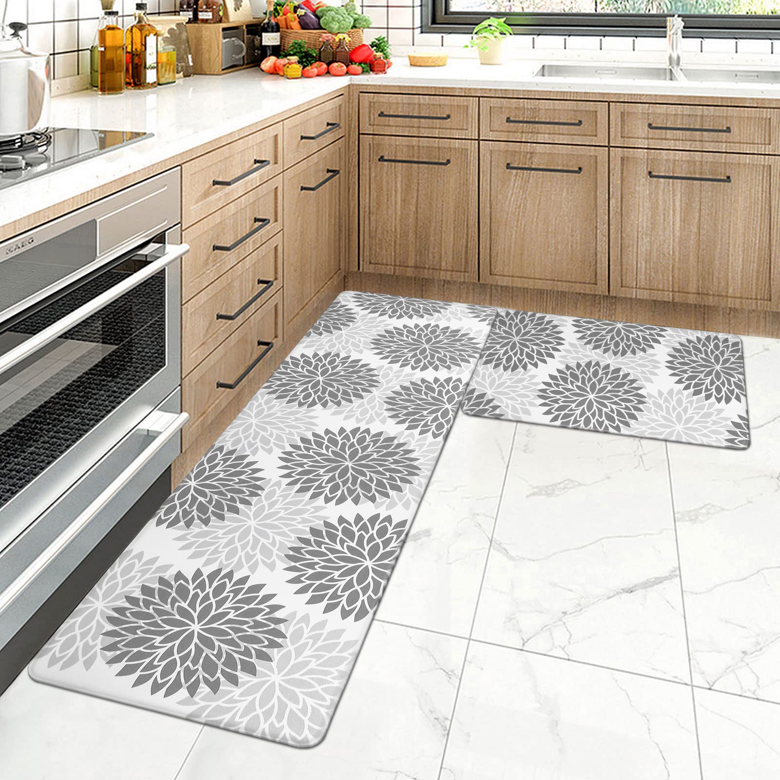 HEBE Anti-Fatigue Kitchen Rug Set - 2-Piece Non-Slip Cushioned Floor Mats, Waterproof Standing Mat for Kitchen, Sink, Laundry & Home Office - Perfect for Comfort While Cooking, Washing Dishes & Long Work Hours