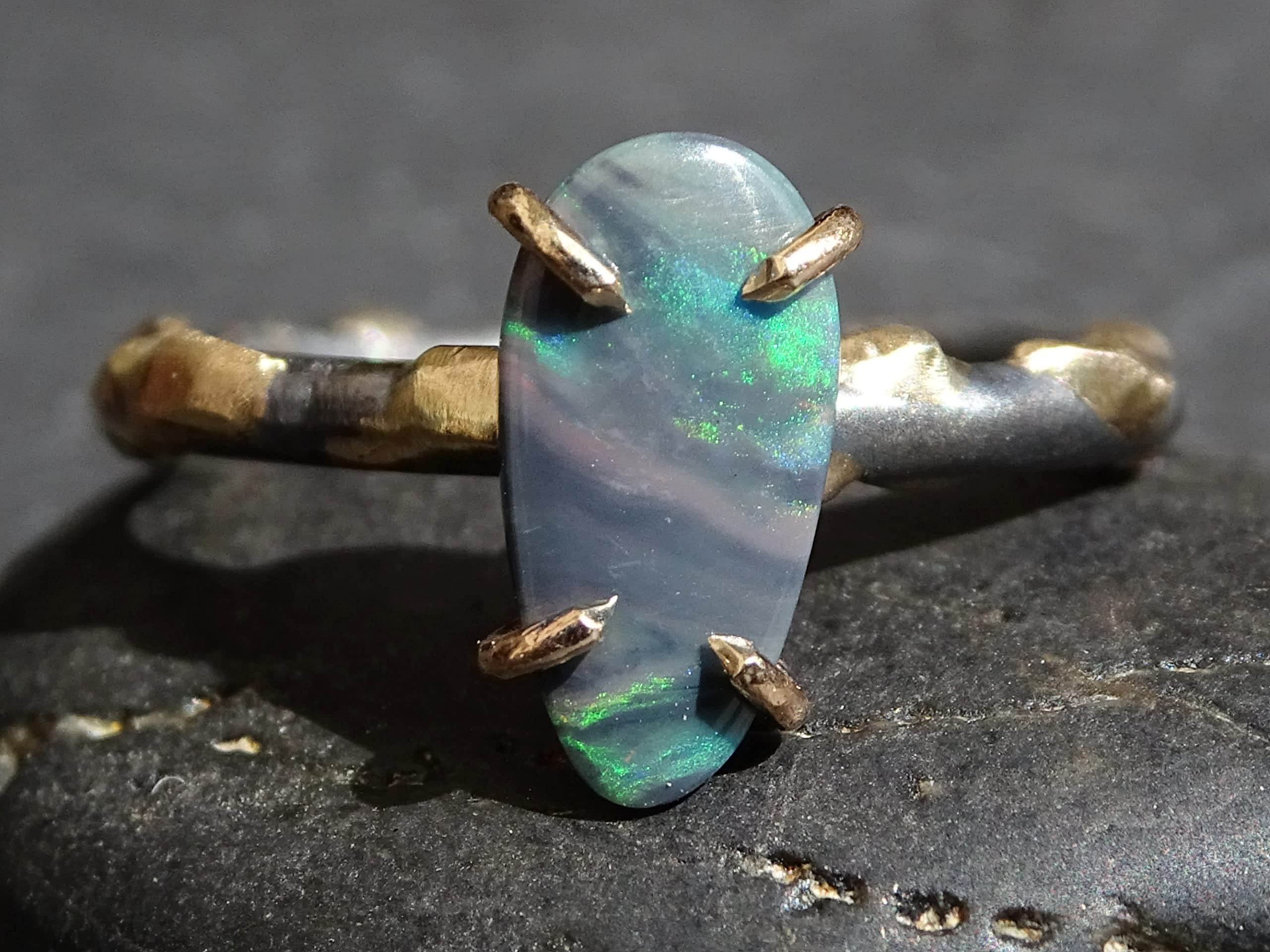Black Opal Ring Gold & Silver, Opal Wedding Ring Set, Dainty Opal Viking Engagement Ring, Molten Opal Jewelry – Anniversary Gift for Her, Perfect for Weddings, Proposals & Special Occasions