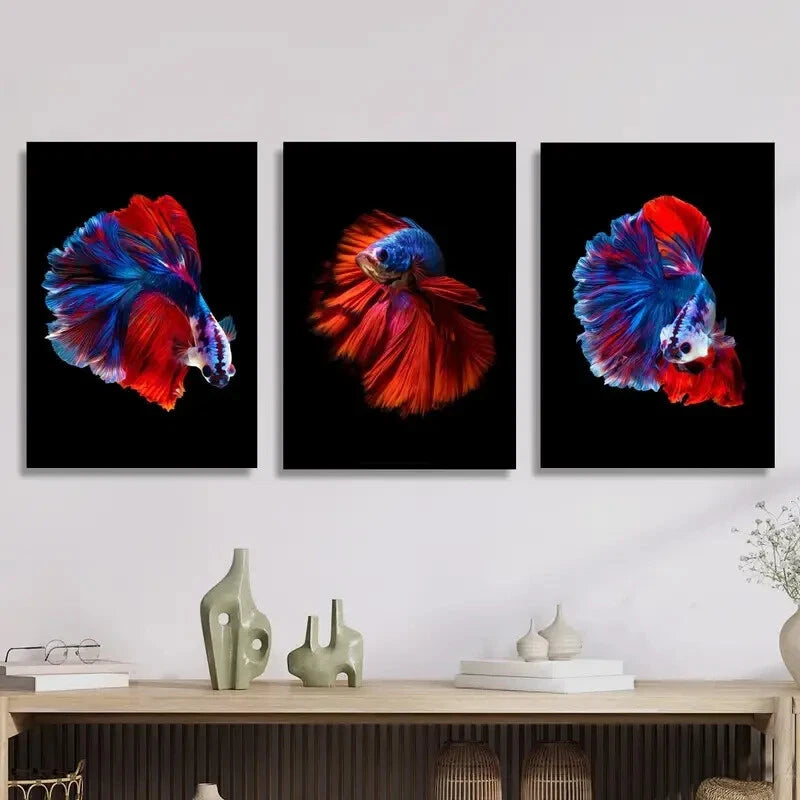3-Piece Vibrant Blue & Red Siamese Fighting Fish Metal Wall Art - Ready to Hang Tropical Fish Decor for Living Room, Bedroom & Office