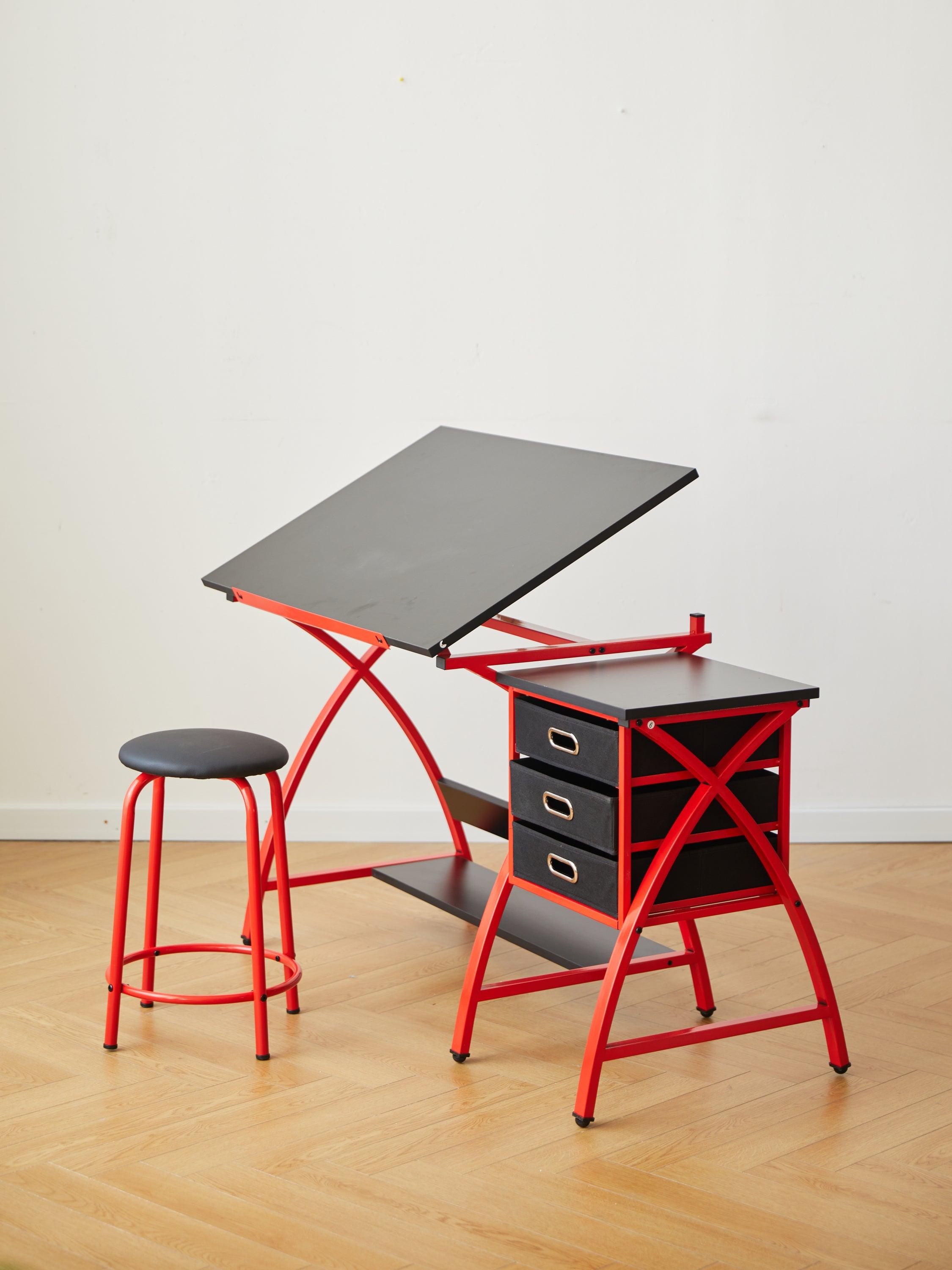 Adjustable Red Drafting Table with Stool - Perfect for Artists, Architects & Students - Home Office & Studio Drawing Desk