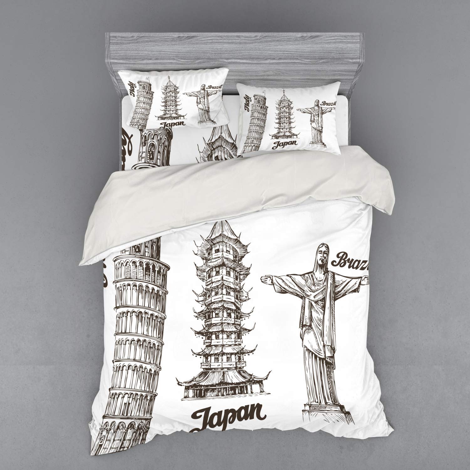 Ambesonne 4-Piece Travel Duvet Cover Set - Leaning Tower of Pisa & Japanese Architecture Design, Queen Size Bedding with Shams & Fitted Sheet in Army Green | Perfect for Travel Lovers, Cultural Decor & Unique Home Bedroom Styling