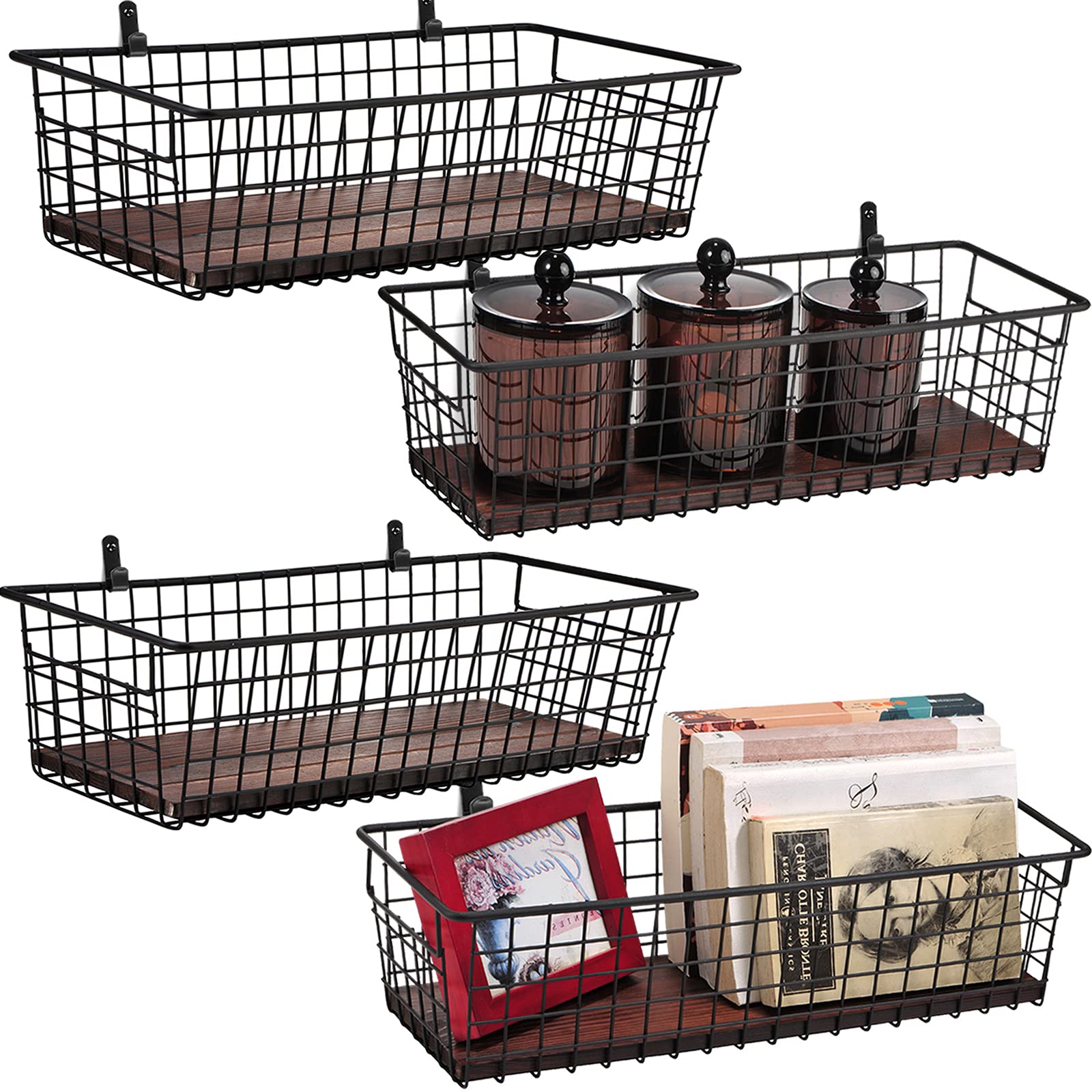 4-Piece Extra Large Metal Farmhouse Wall Decor Storage Organizer Set with Handles & Floating Shelves - Wall Mount Hooks Included (Black) - Perfect for Entryway, Bathroom, Kitchen Organization & Rustic Home Decor