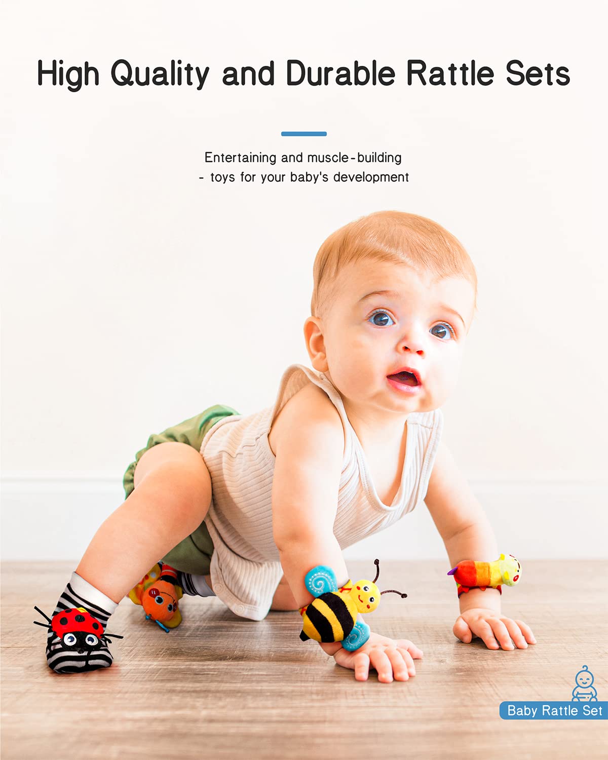 Infinno Baby Wrist Rattle Socks & Foot Finder Set - Soft Newborn Toys for 0-12 Months Boys & Girls | Garden Bug Design | Ideal Baby Shower Gift & Sensory Development Toy for Tummy Time & Playtime