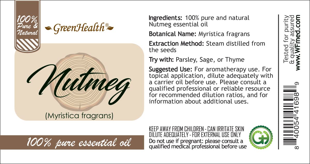 Pure Nutmeg Essential Oil - 1/3 fl oz (10ml) Therapeutic Grade, 100% Natural for Aromatherapy, Massage & Stress Relief - GreenHealth - Perfect for Diffusers, DIY Skincare & Home Spa